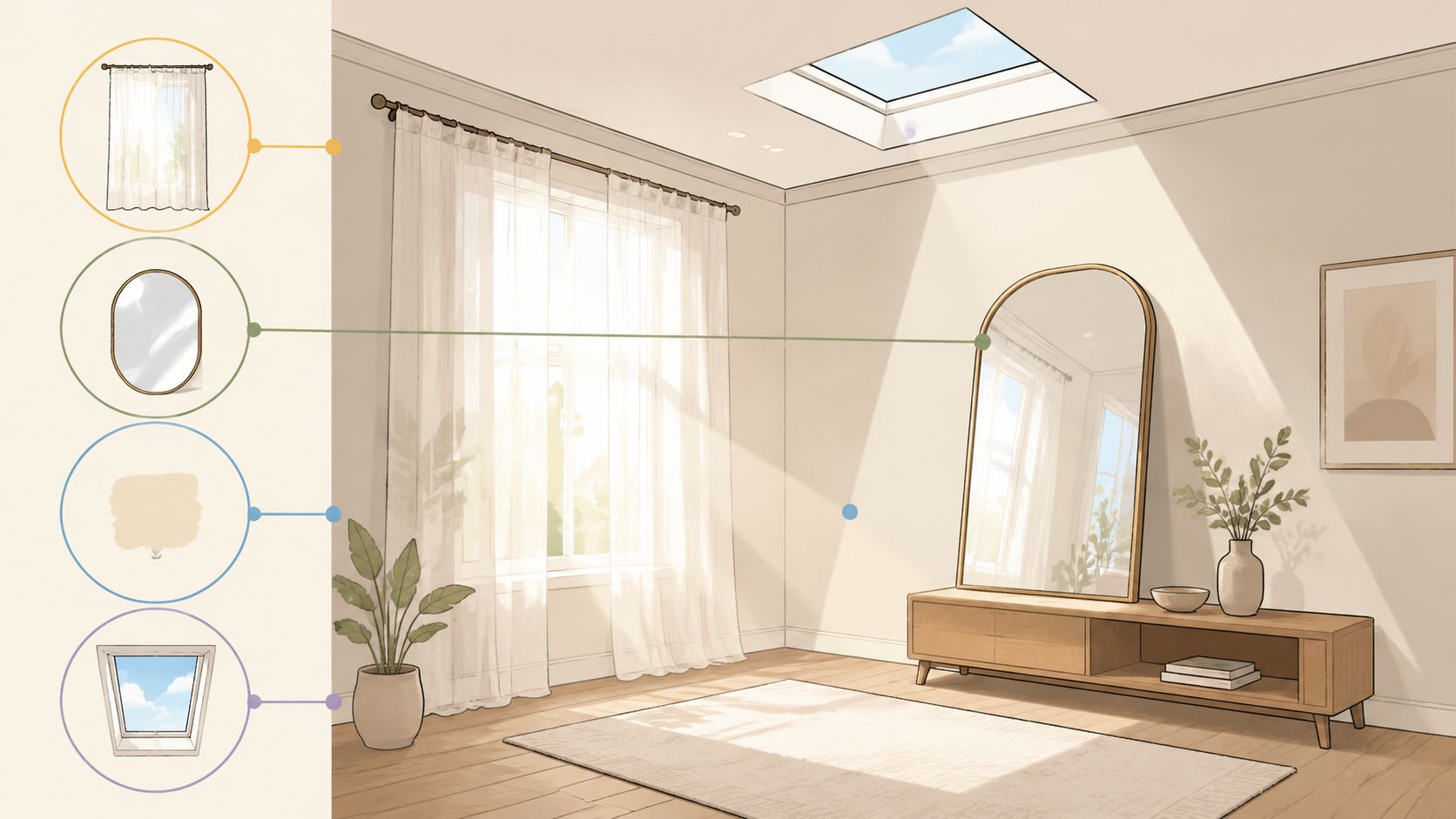 An illustration showing a bright, sunlit room interior with a large mirror, skylight, and elegant window curtains.