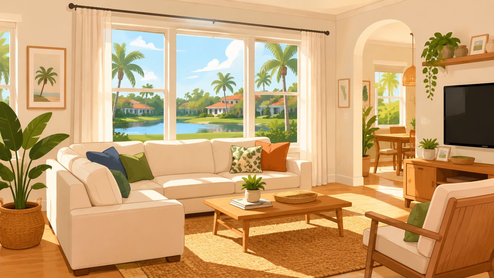 A bright, airy living room featuring a comfortable white sectional sofa, wooden coffee table, and scenic lake view.