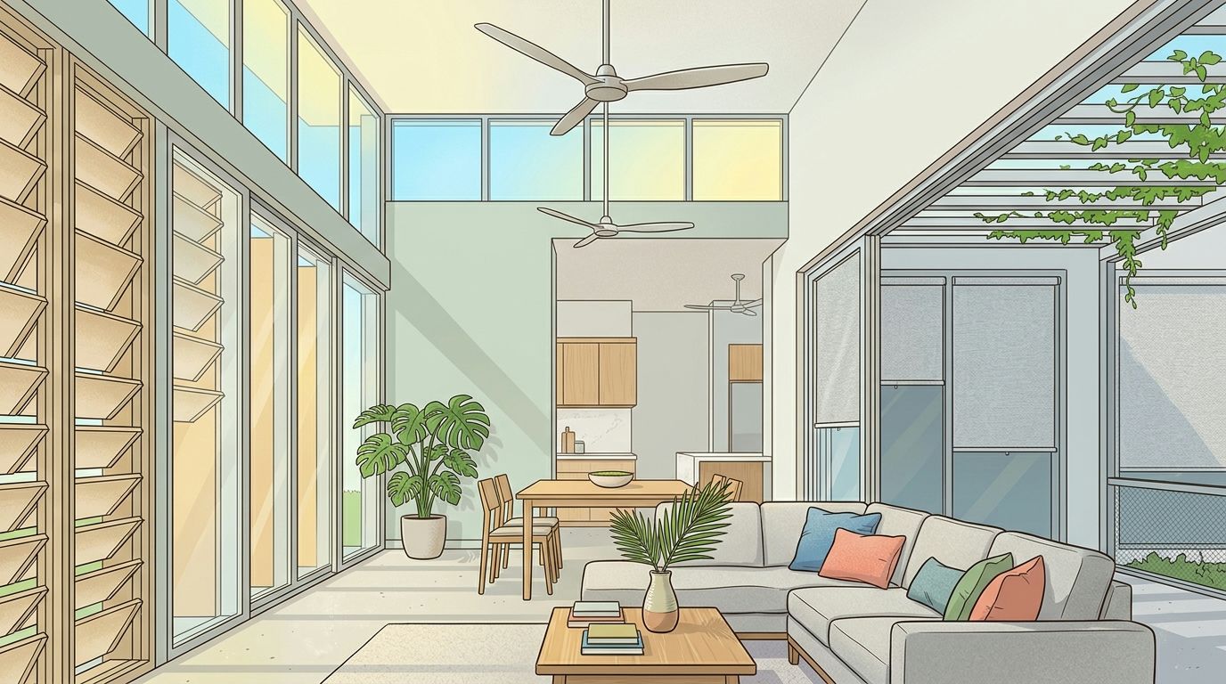 A bright living room with natural light, modern furniture, large windows, indoor plants, and a ceiling fan.