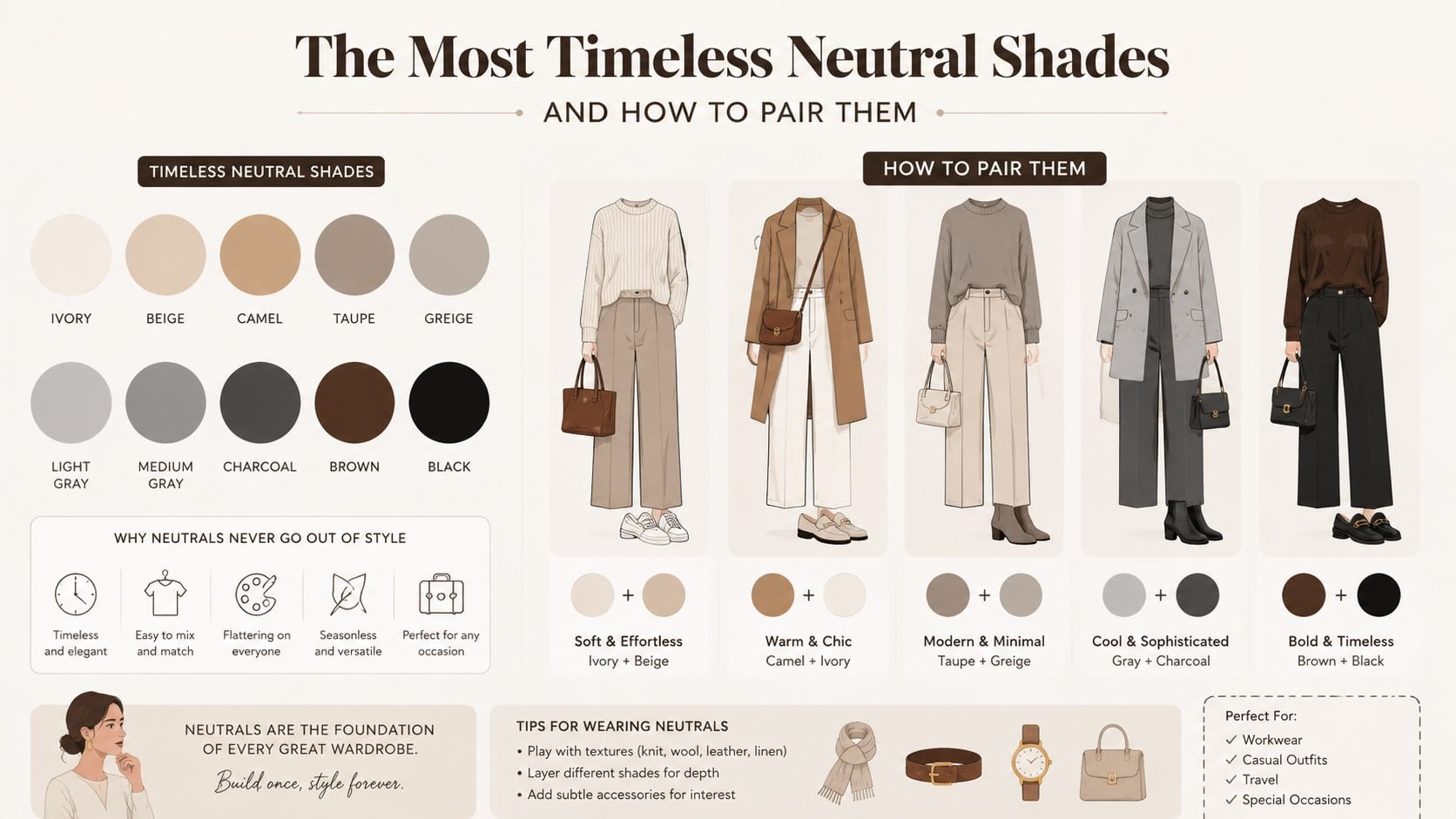 A fashion infographic displaying various neutral color shades, clothing combinations, and tips for building a wardrobe.