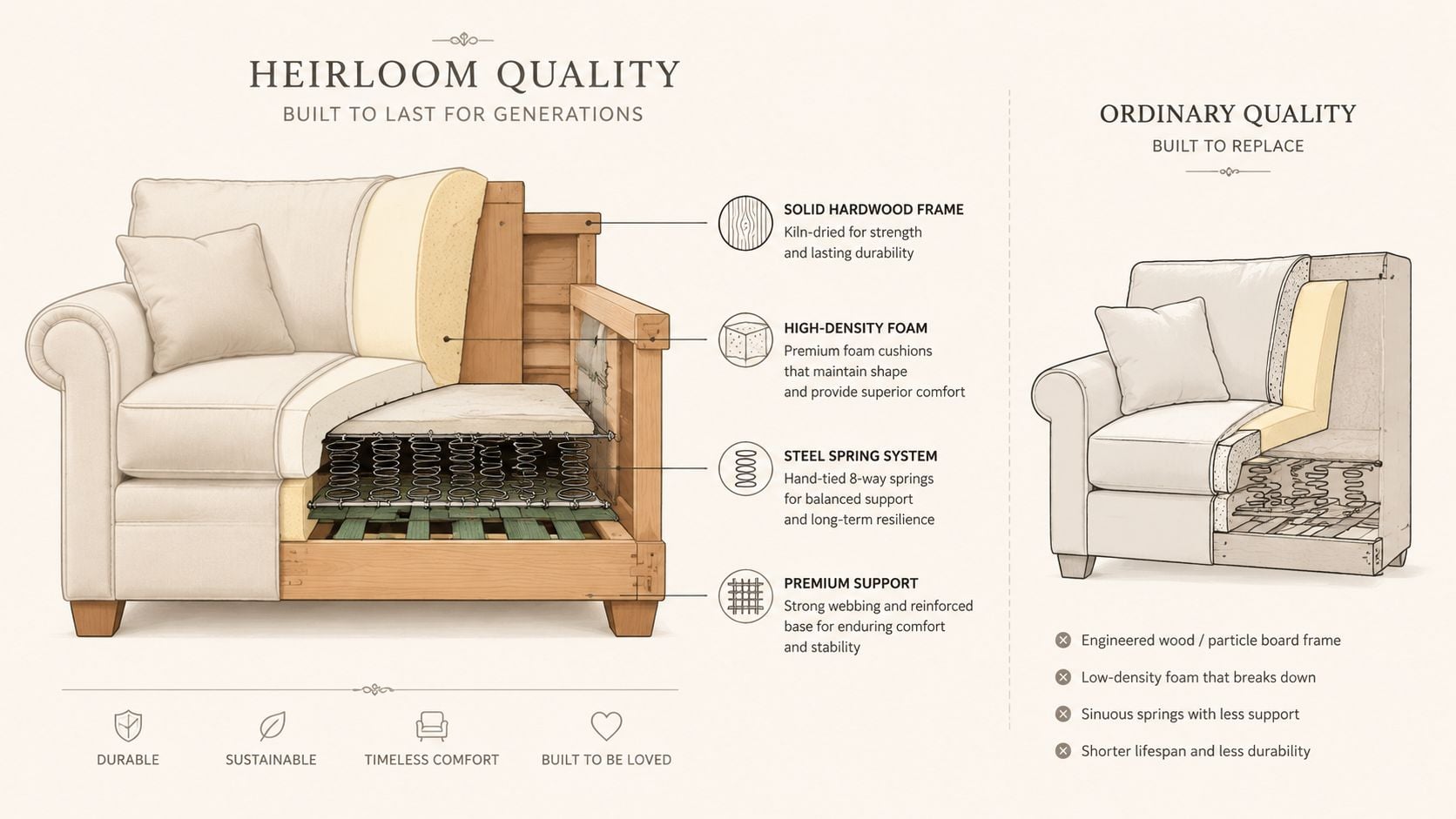 A comparison illustration between high-quality heirloom furniture construction and standard low-quality furniture components.