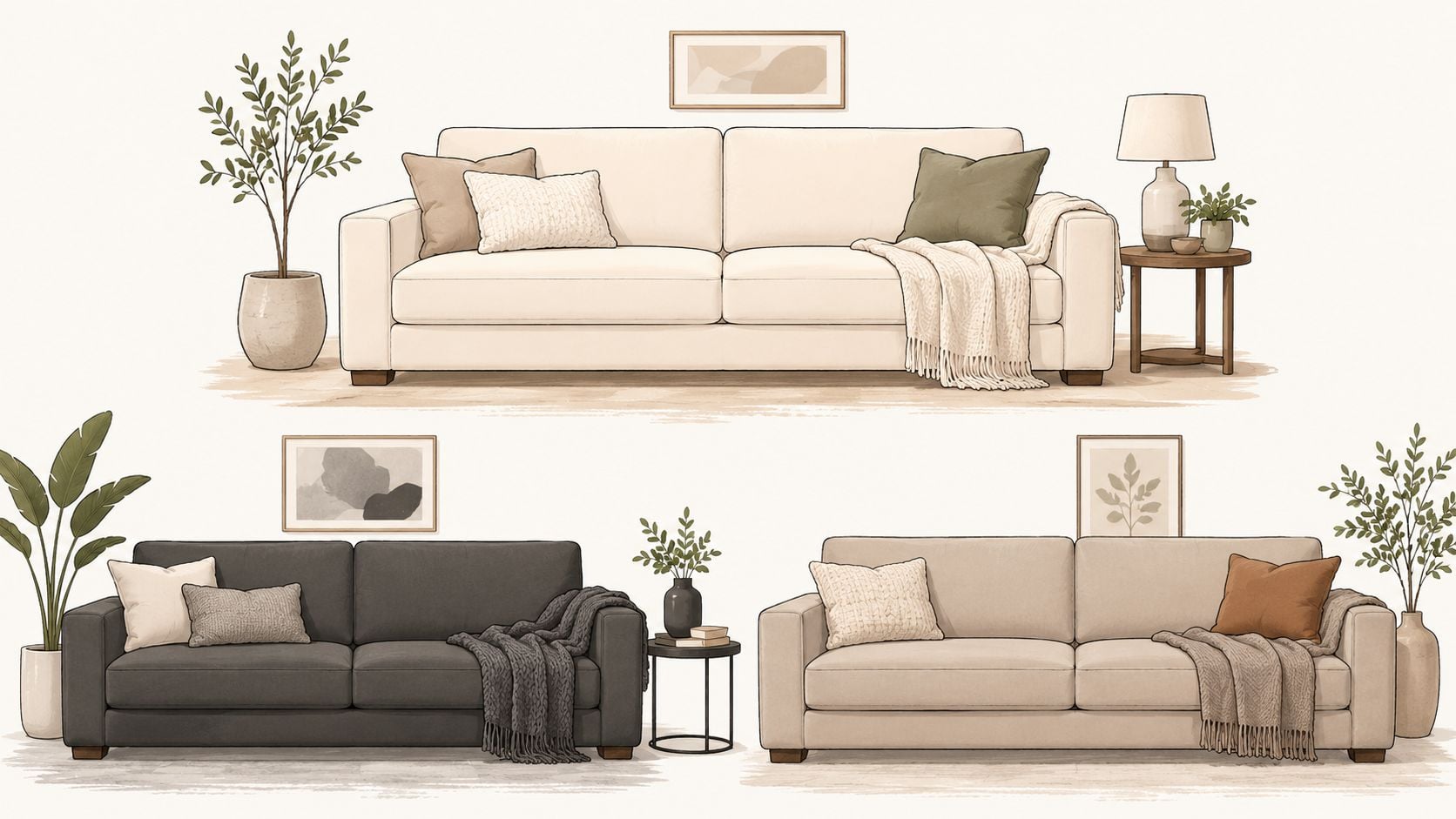 A collection of three stylish neutral-colored sofas with minimalist decor, plants, throw pillows, and blankets on white.