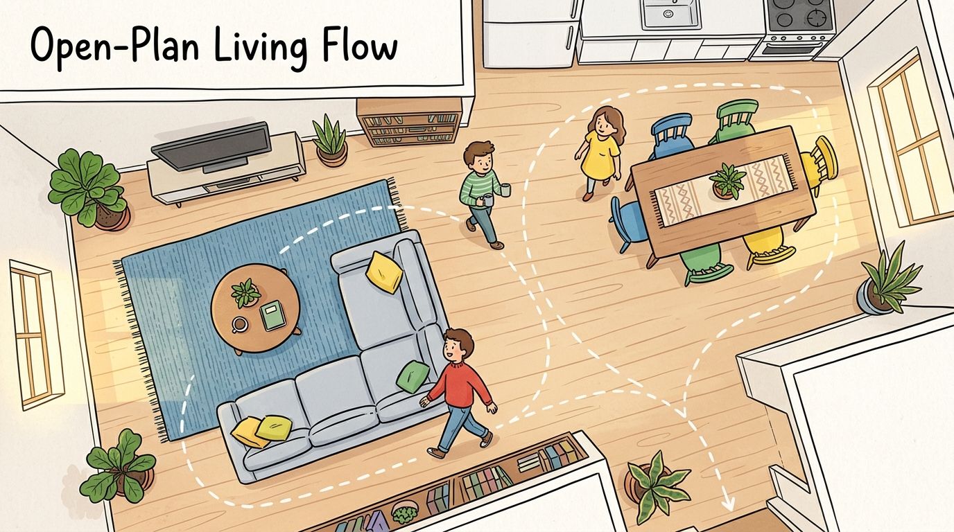 A top-down view illustration of an open-plan living area showing furniture arrangement and walking paths.
