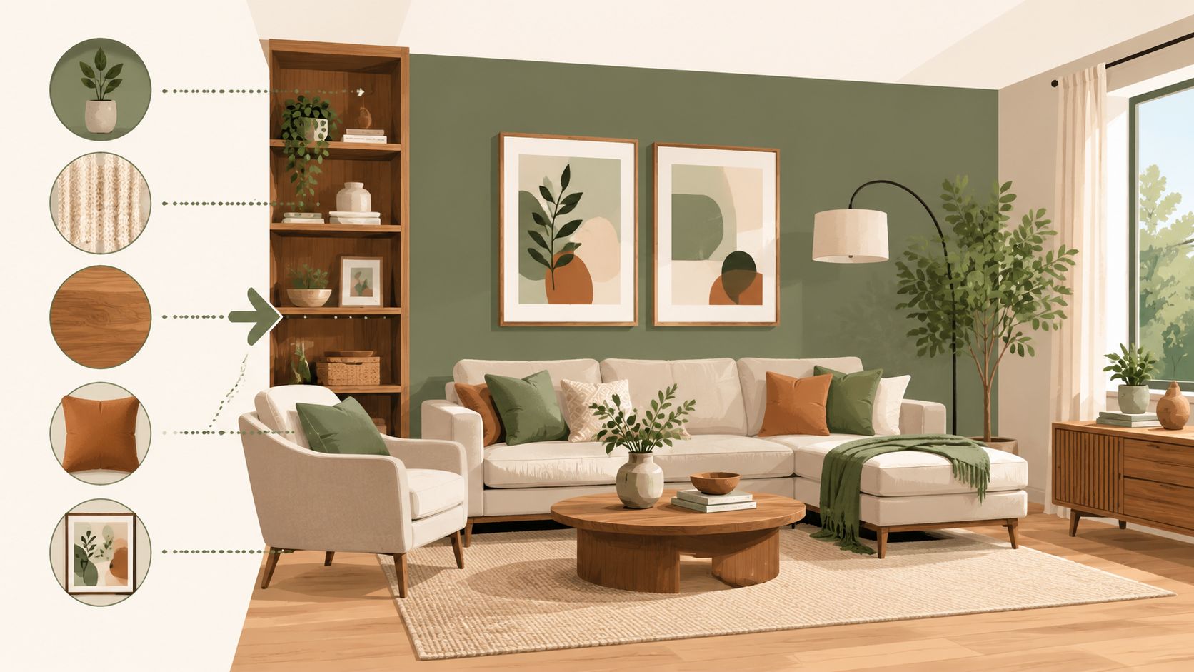 A modern living room with a green accent wall, cream sofa, and wooden furniture, creating a cozy design.