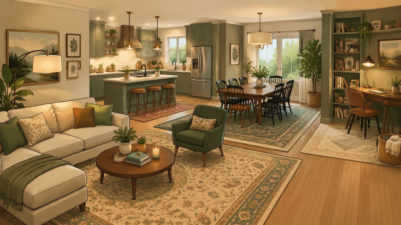 An elegant open plan living area featuring a cozy lounge, dining set, and modern kitchen with green cabinets.