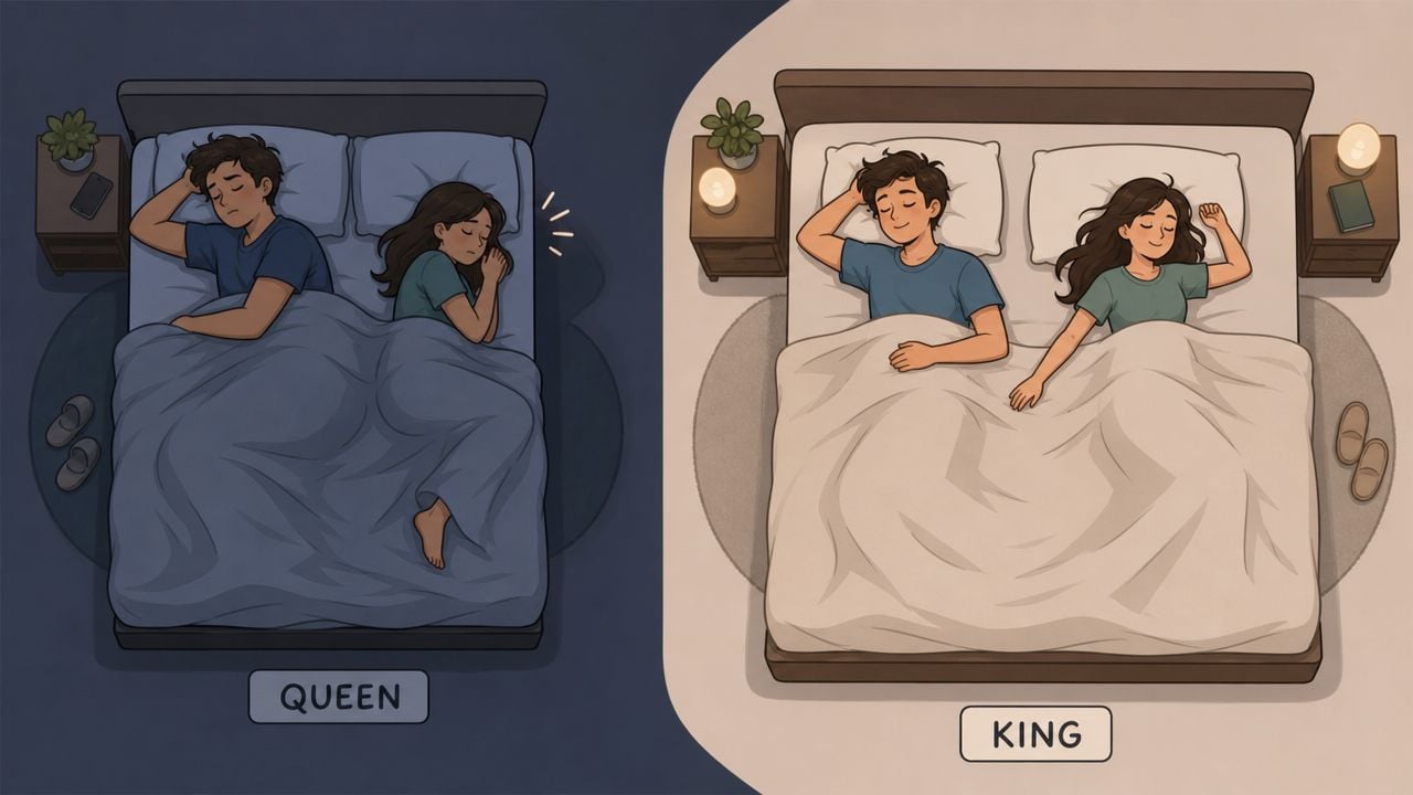 A split image showing a couple sleeping uncomfortably in a queen bed versus happily in a king bed.