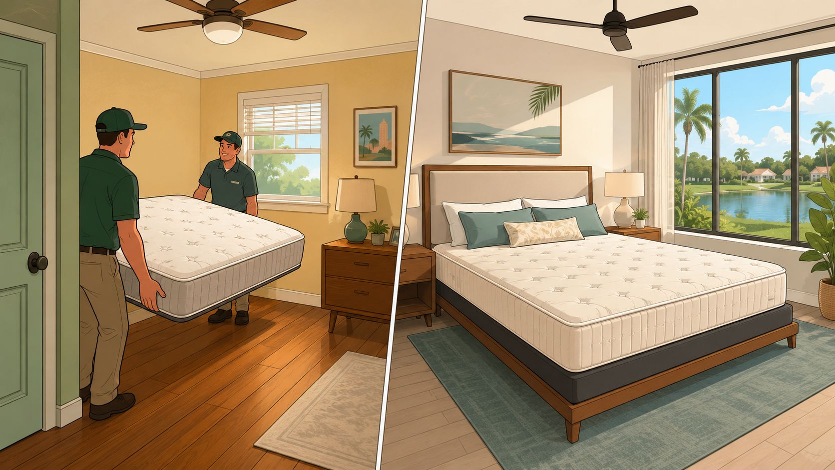 Delivery workers carrying a mattress into a room next to a fully made bedroom with a mattress.