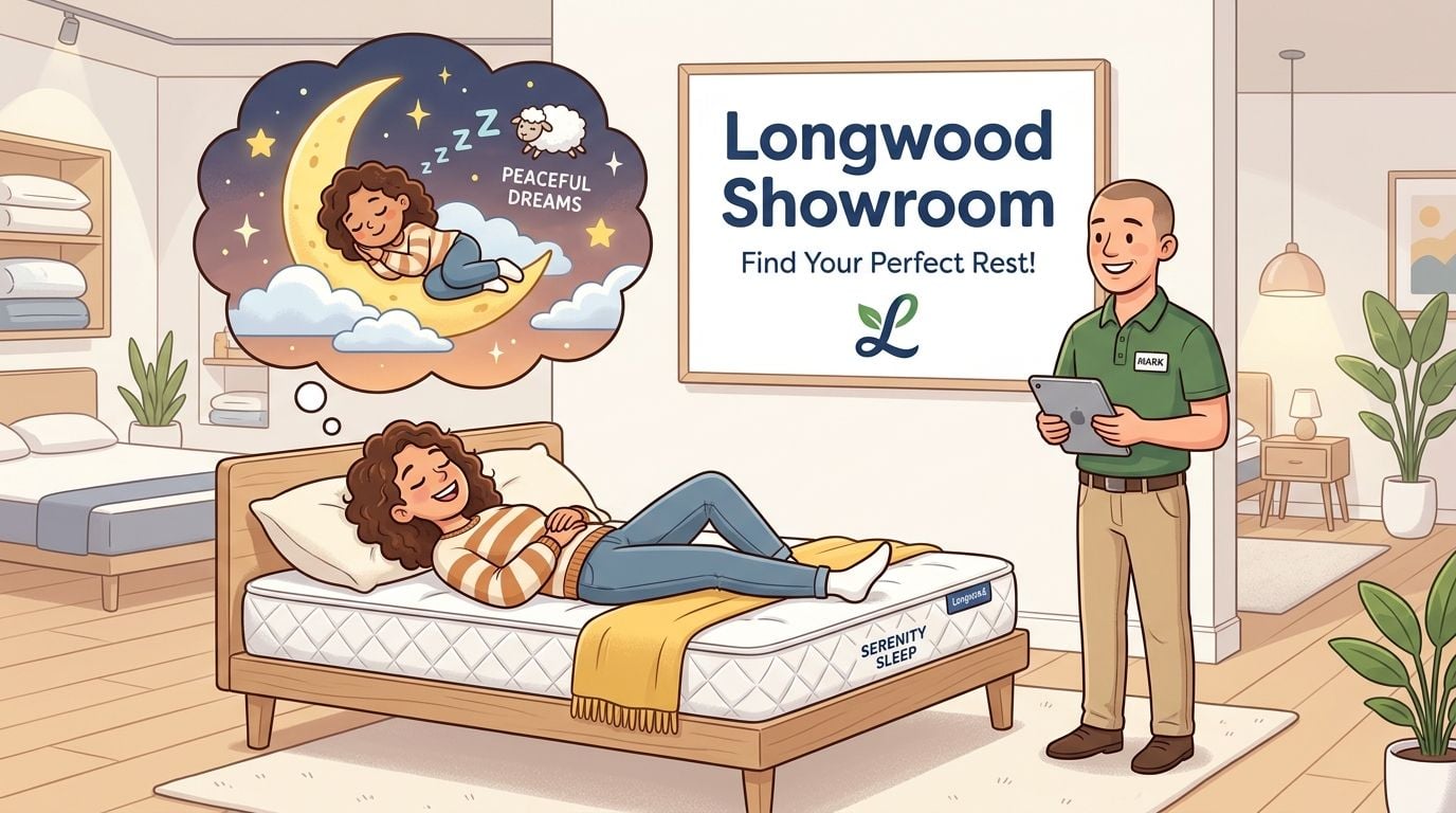 A salesperson assists a woman testing a mattress in a store to compare queen vs king mattress sizes.