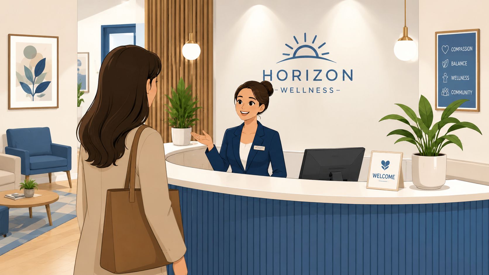 A friendly receptionist greets a patient at the front desk of a modern Horizon Wellness clinic office.