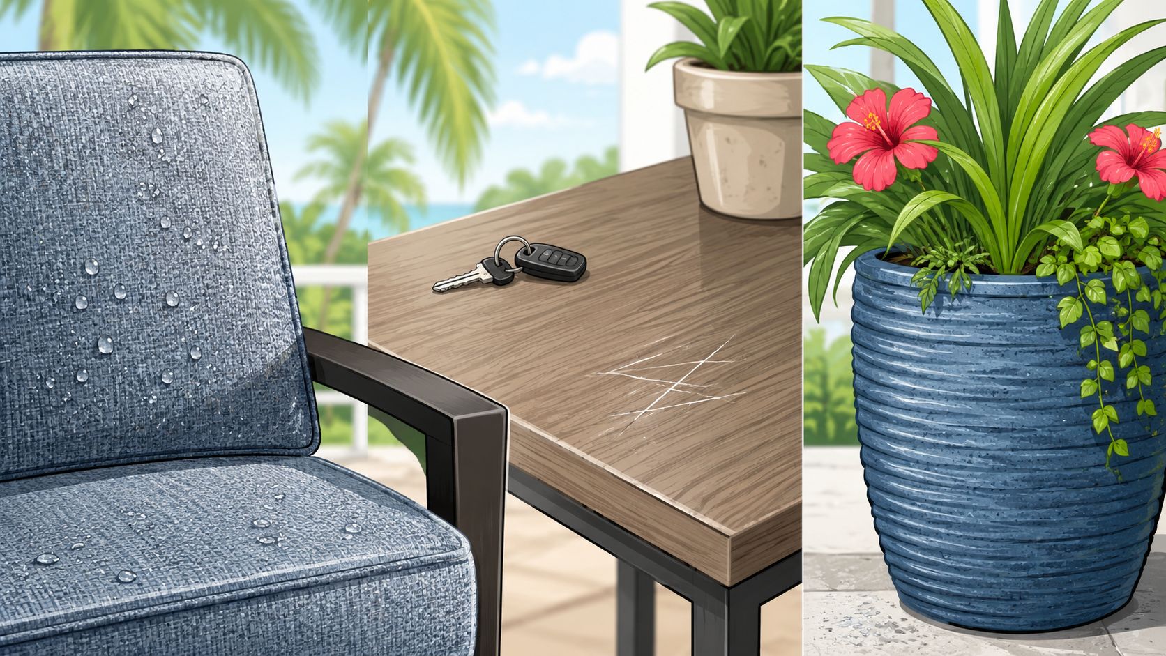 A split-view image showing comfortable patio furniture, keys on a wooden table, and a potted plant.
