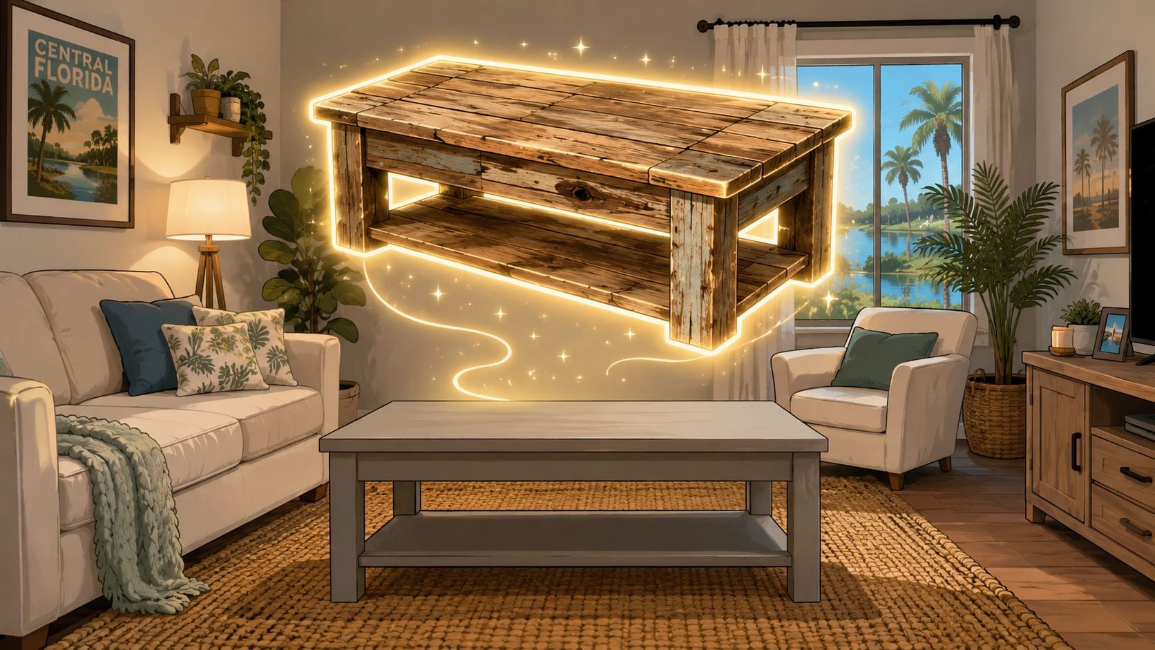 A glowing rustic reclaimed wood coffee table floating above a plain modern table in a living room.