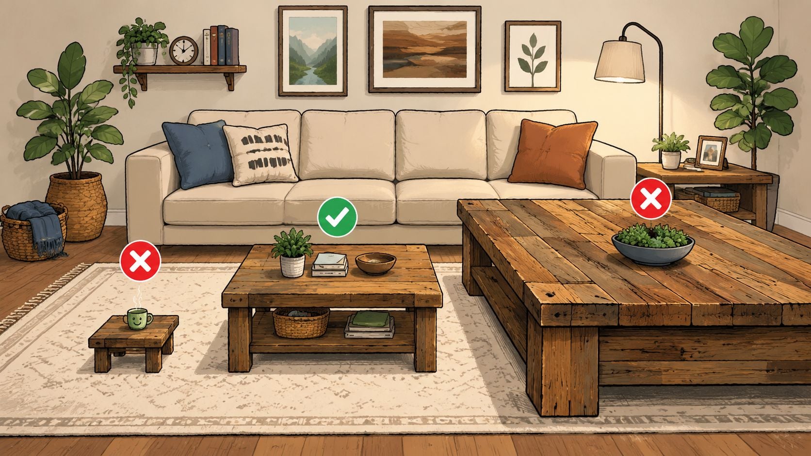 Three wooden coffee tables of different sizes are arranged in a cozy living room with a sofa.