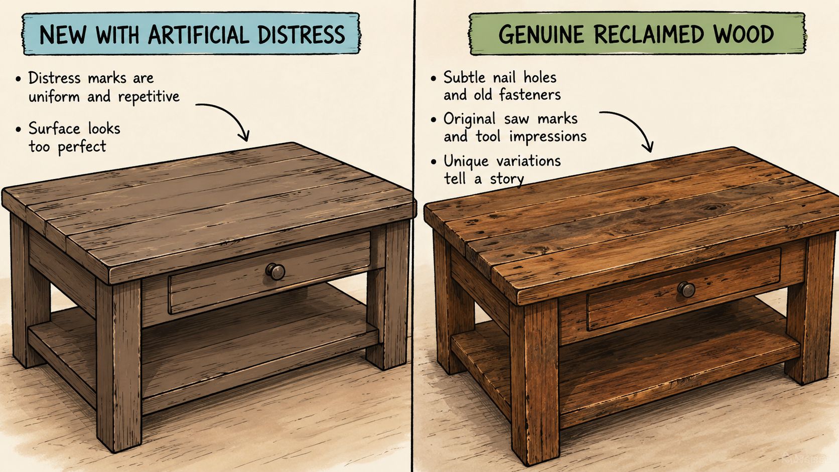 A comparative illustration showing the differences between a new table with artificial distress and genuine reclaimed wood.