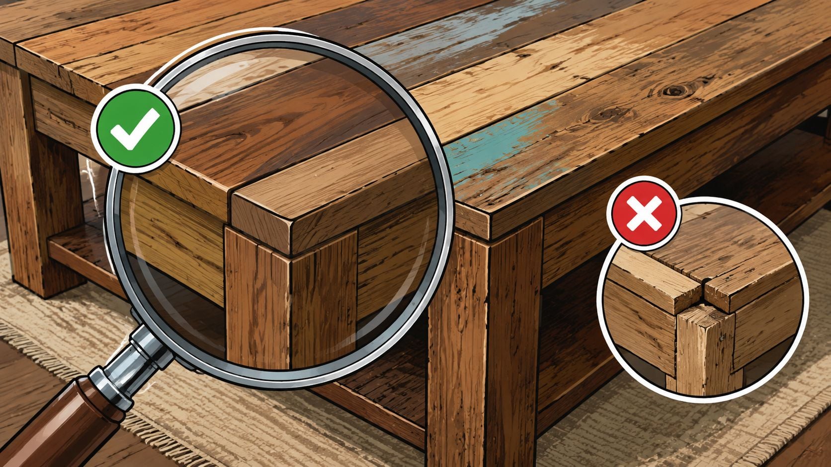 A diagram highlighting proper woodworking joinery on a rustic reclaimed wood coffee table versus poor construction.