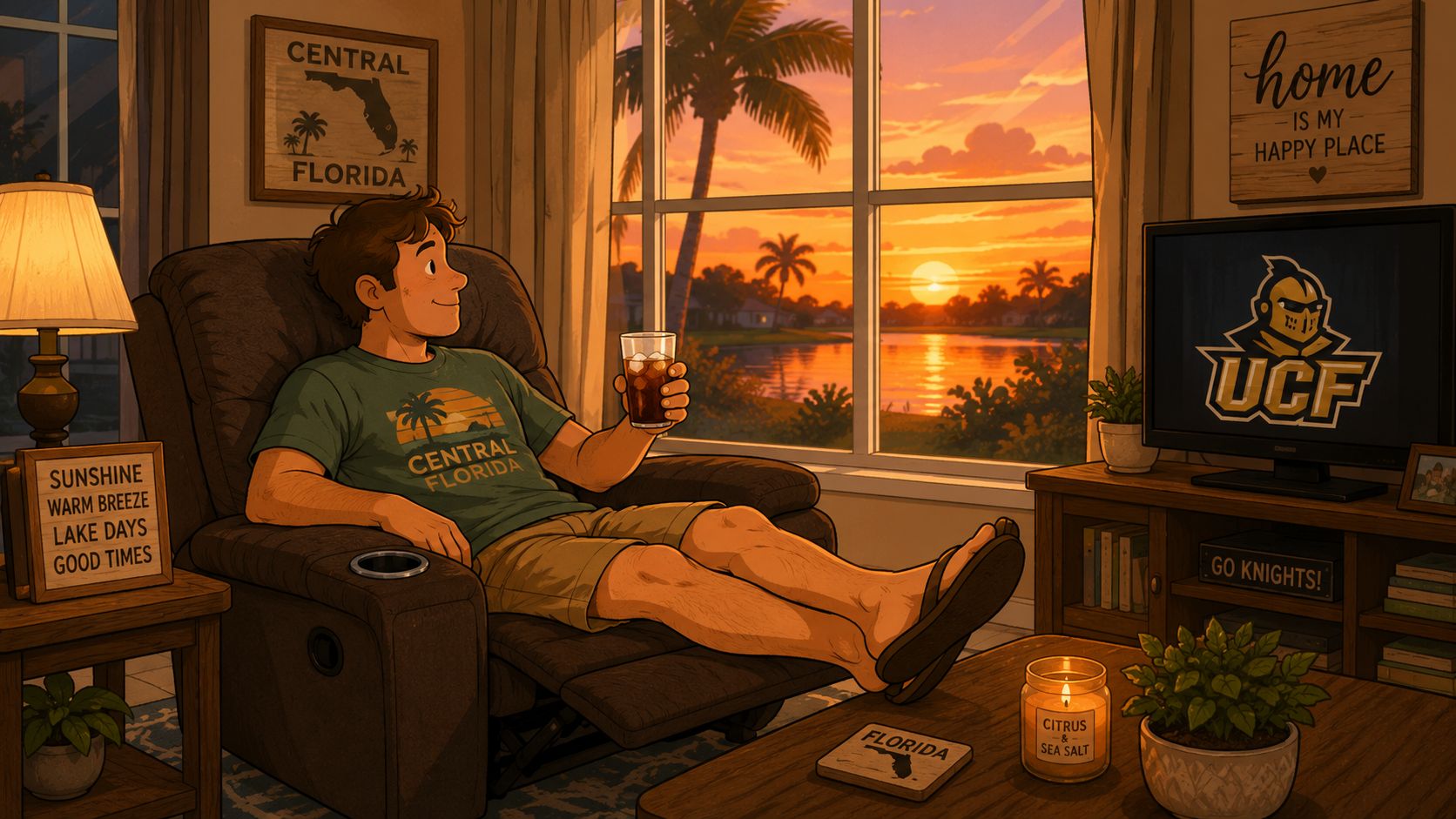 A relaxed man sitting in a comfortable recliner with a drink, enjoying a beautiful Florida sunset view.