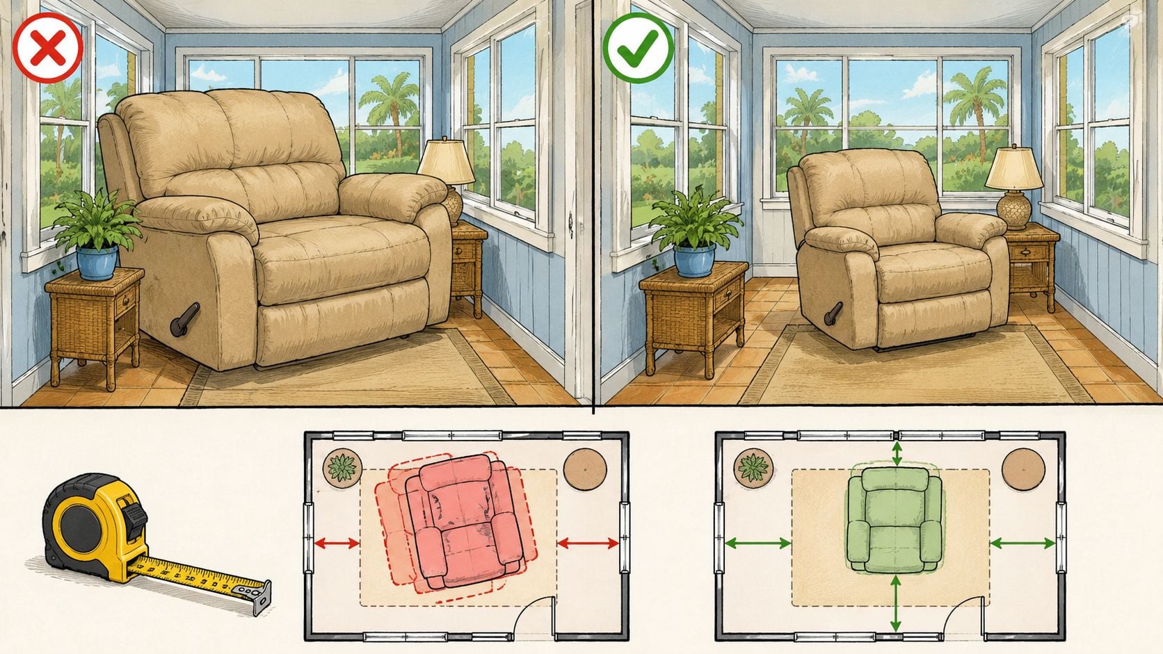 Comparison of two living room layouts showing an oversized recliner versus a correctly sized proportional recliner.