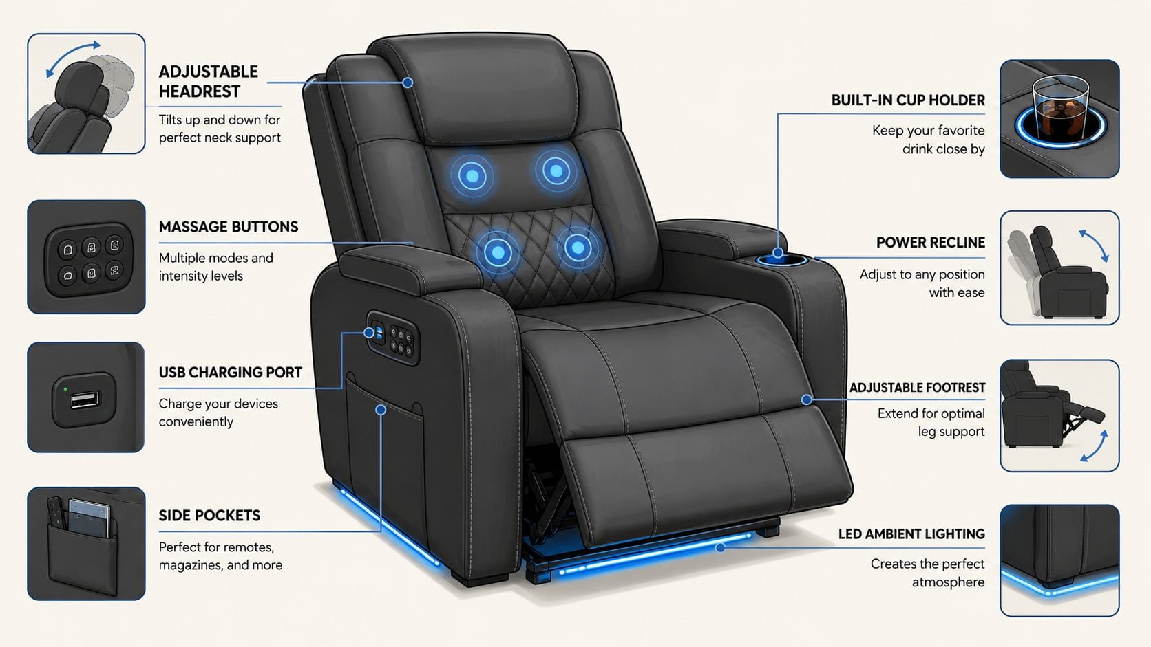 A black leather power recliner chair featuring a massage function, cup holder, side pockets, and LED ambient lighting.