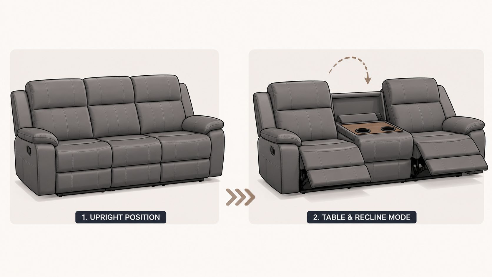 A side-by-side comparison of a grey reclining sofa shown in both upright and drop-down table positions.