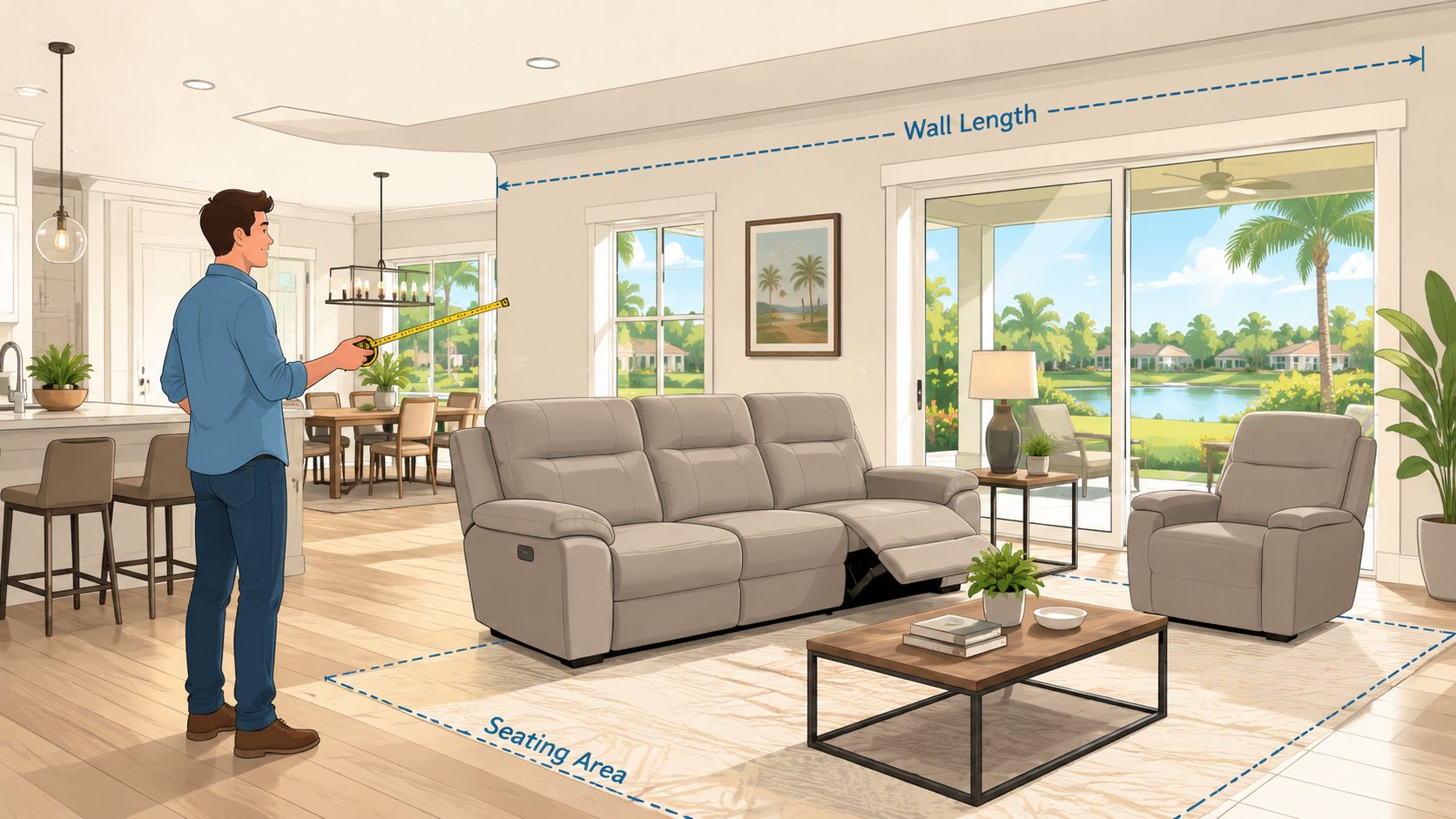 A man measuring a living room space with a beige reclining sofa with drop down table.