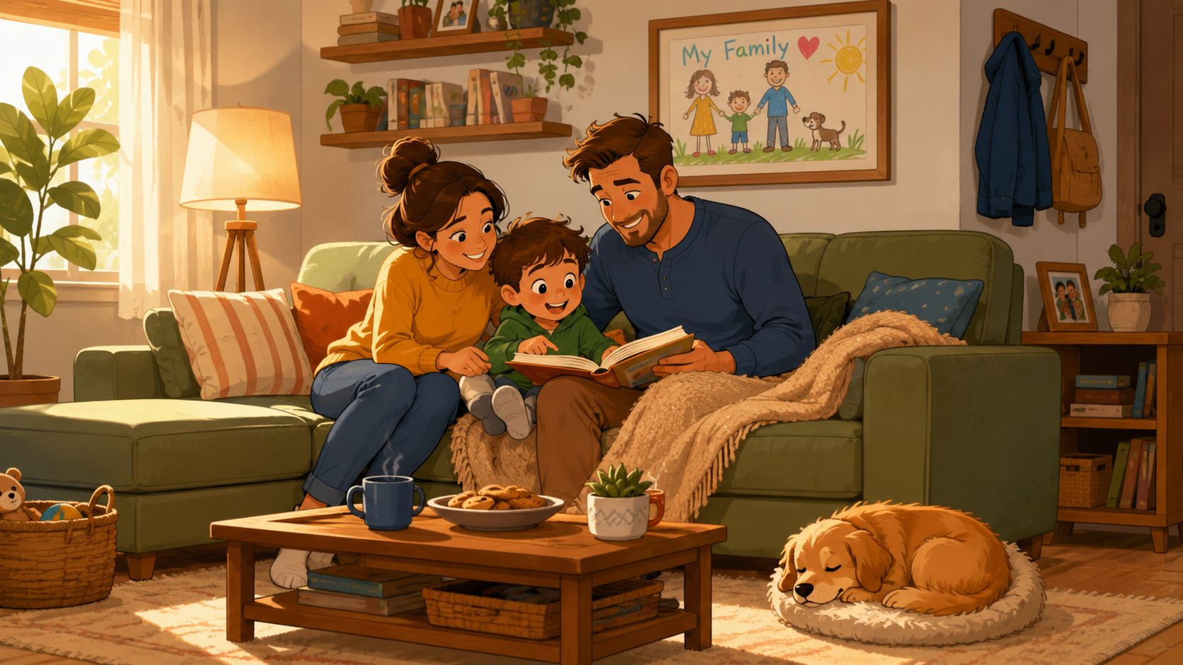 A happy family of three reading a book together on a green couch in a cozy home.