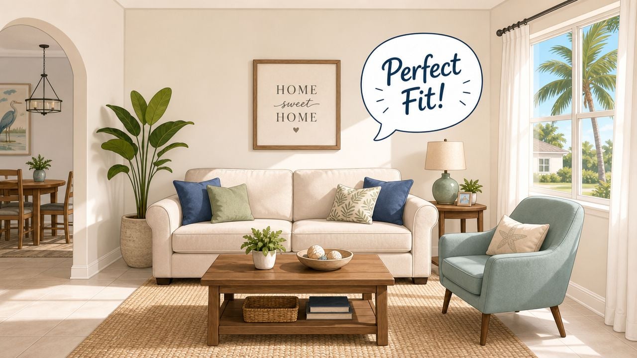 A cozy living room interior featuring a beige sofa, blue armchair, and a wooden coffee table.