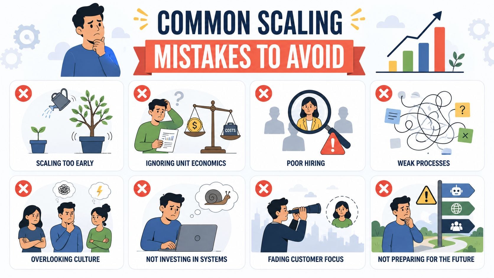 An infographic illustrating eight common business scaling mistakes with icons and descriptive text for entrepreneurs.