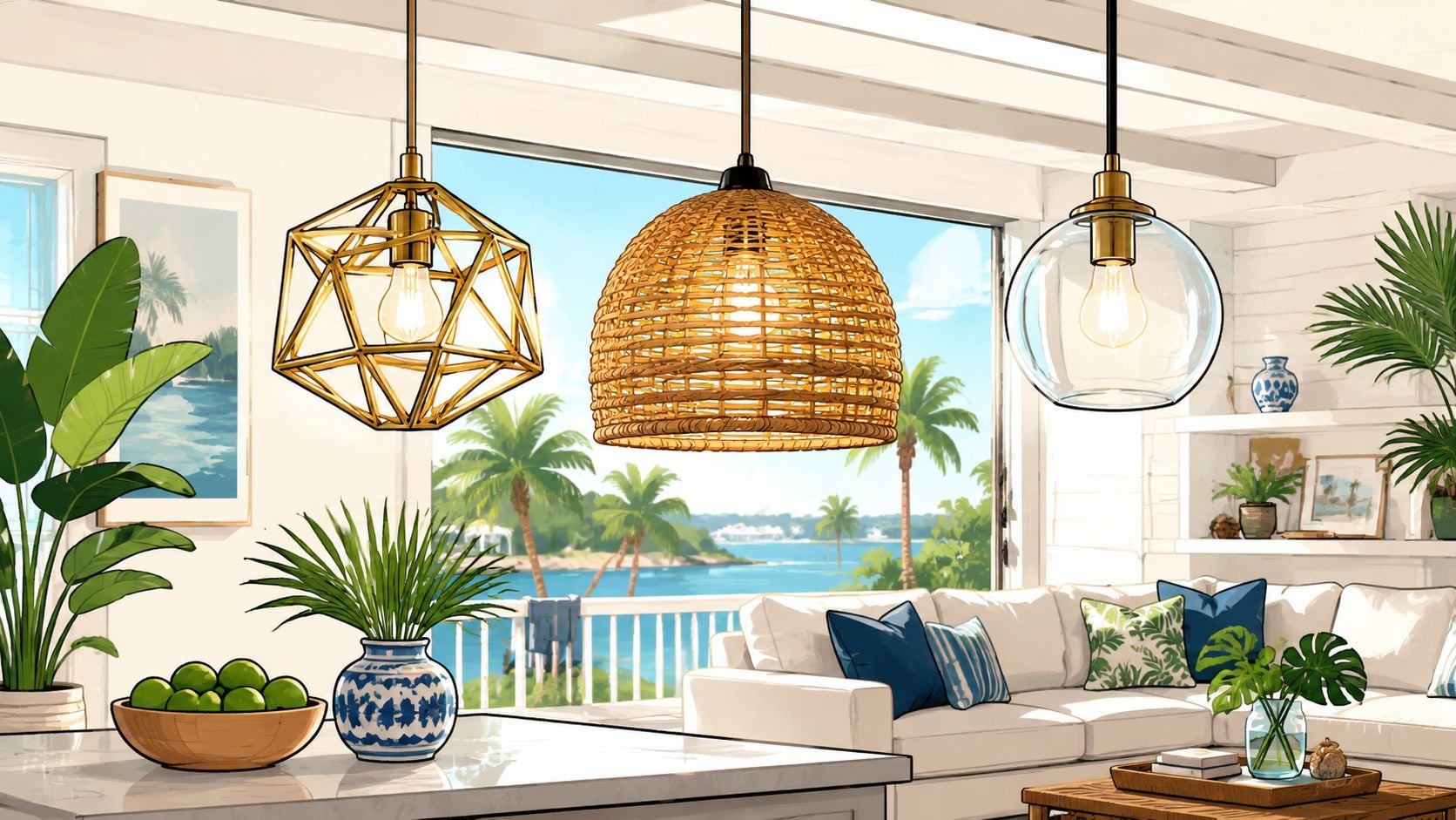 A bright coastal living room featuring three diverse sculptural pendant lights hanging above a kitchen island.