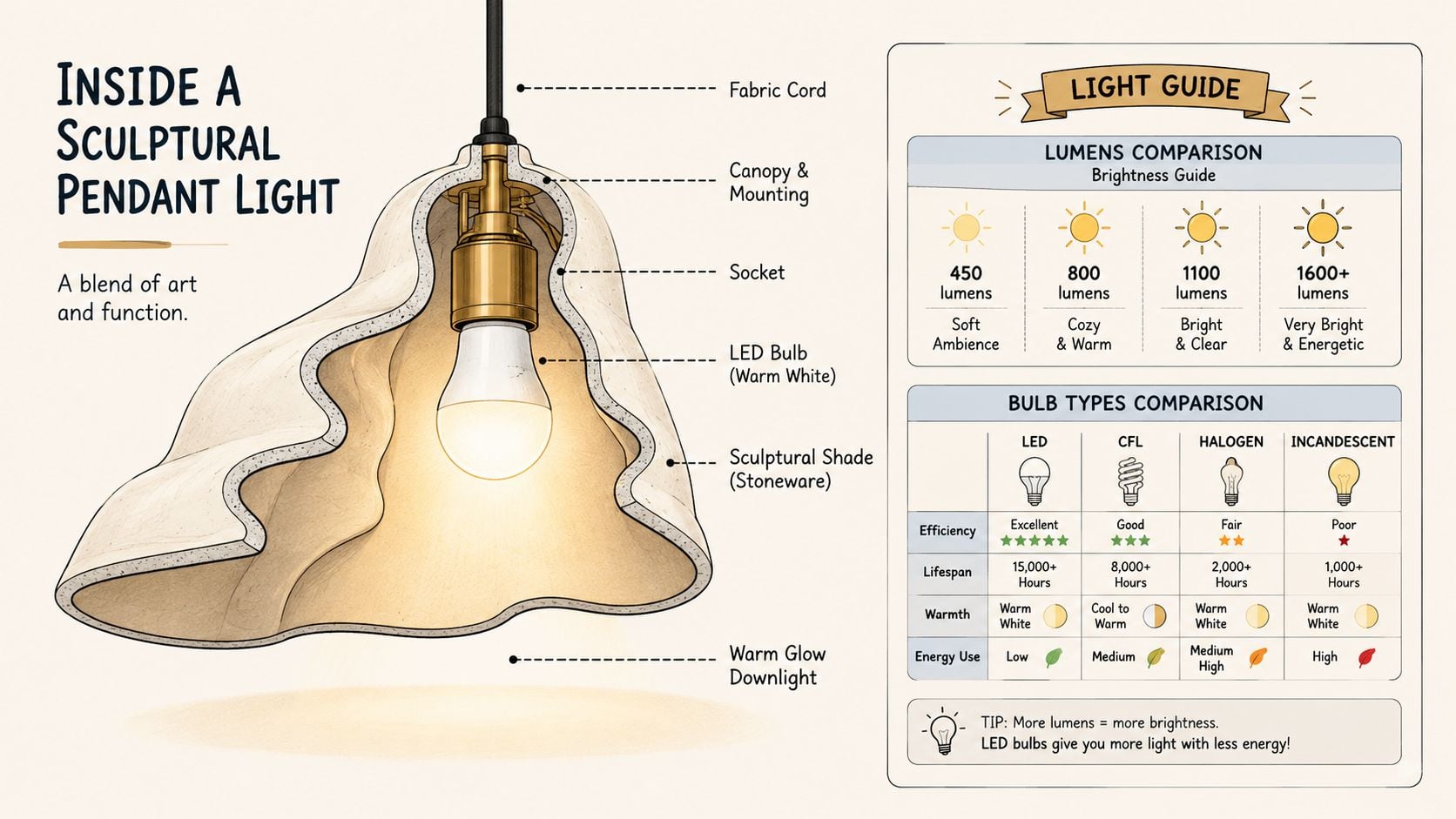 An illustrated diagram labeling the parts of a sculptural stoneware pendant light and a brightness guide.