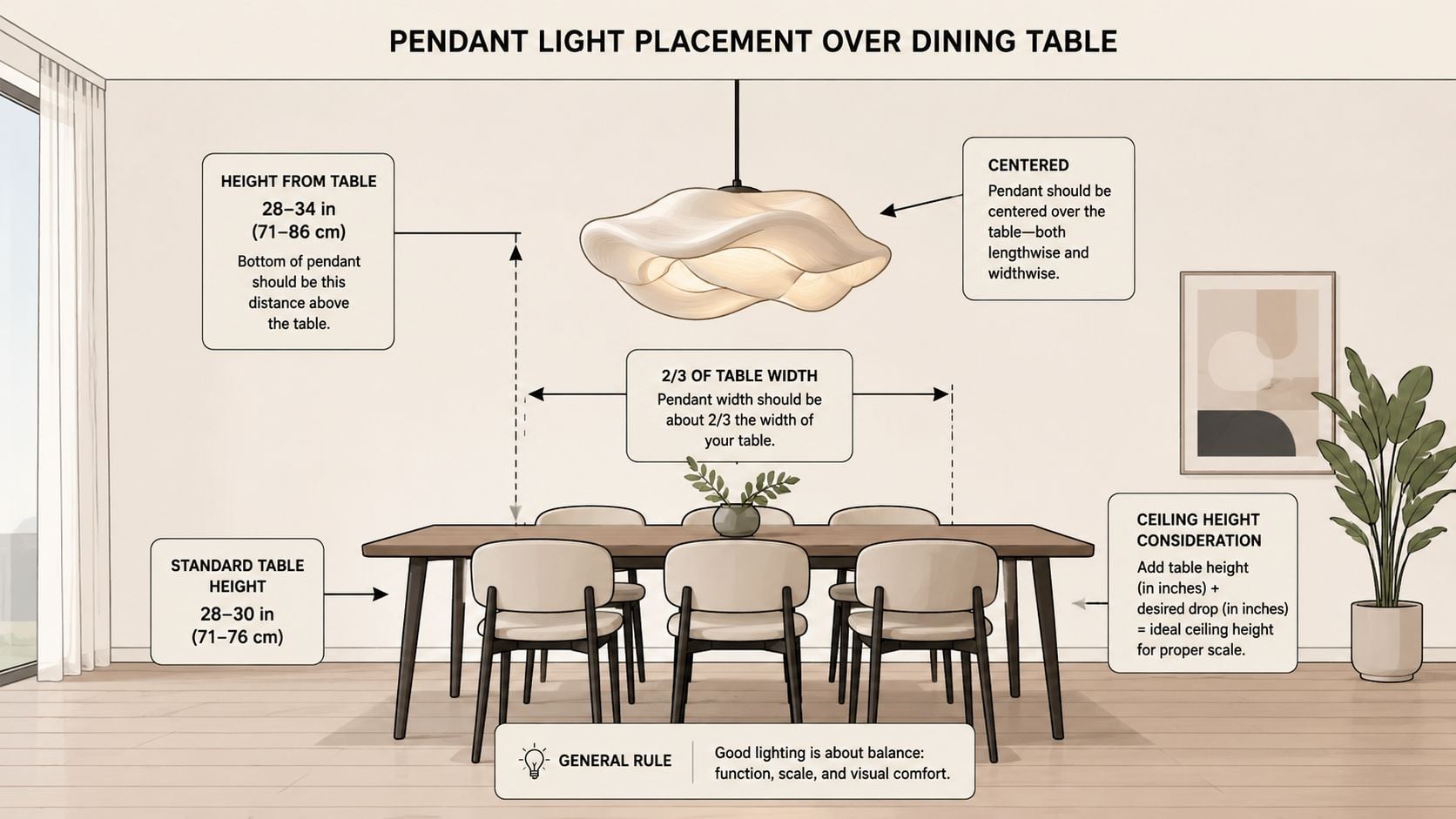 An infographic illustration showing the recommended placement and sizing for pendant lighting above a dining table.