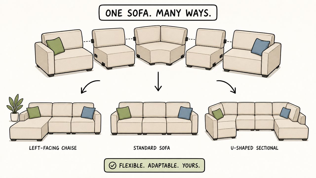 An illustration showing how modular sofa components can be arranged into different sectional configurations like a chaise or u-shaped sofa.
