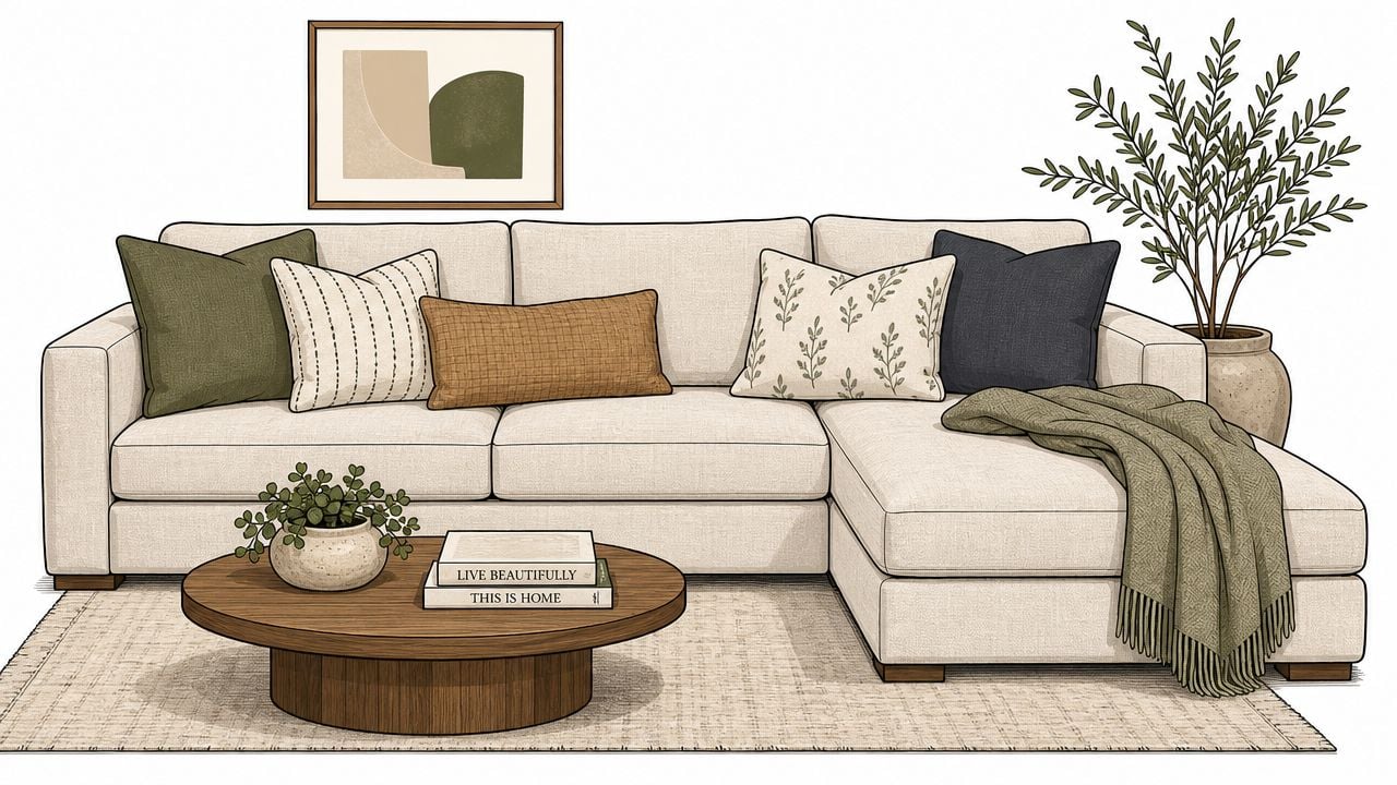 A neutral sectional sofa with decorative pillows, a wooden coffee table, and an olive tree in a room.