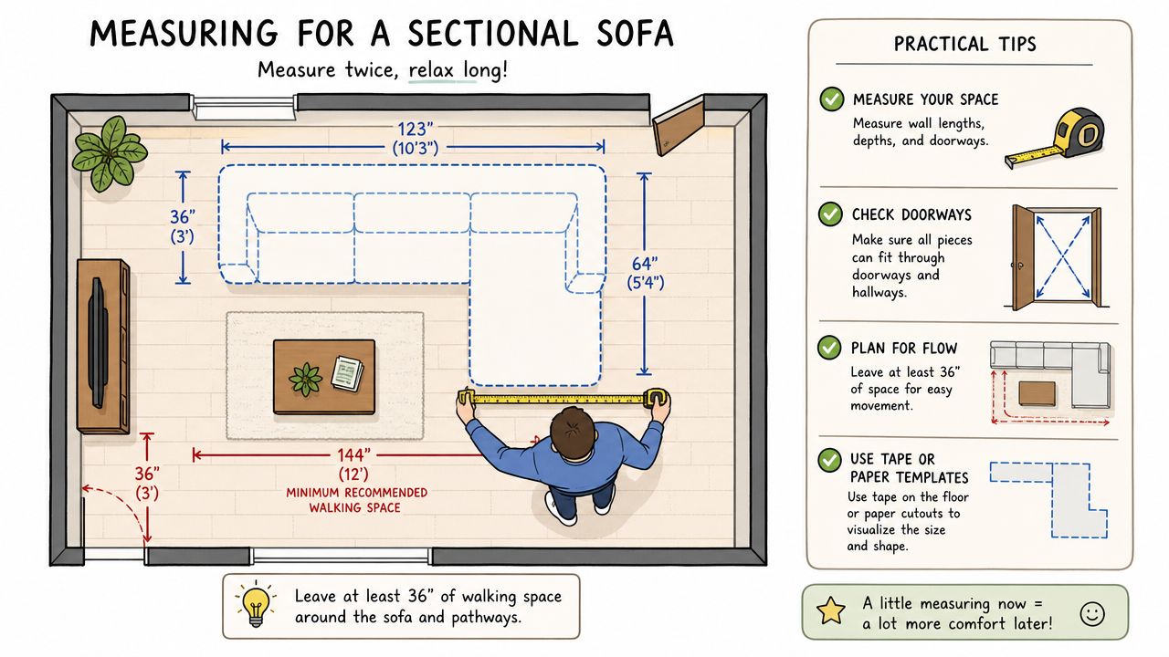 A diagram illustrating how to measure a room for a sectional sofa, including tips for spacing and flow.