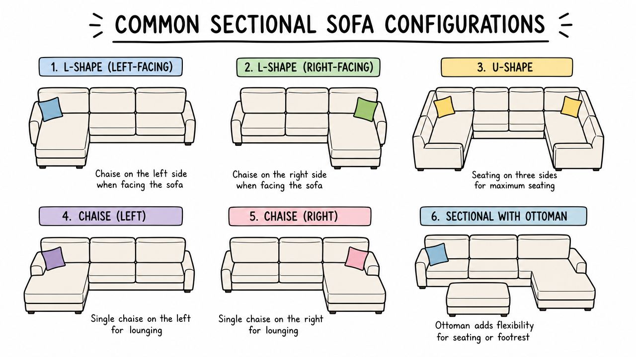 A diagram illustrating six common sectional sofa configurations including L-shapes, U-shapes, and chaise styles with ottomans.