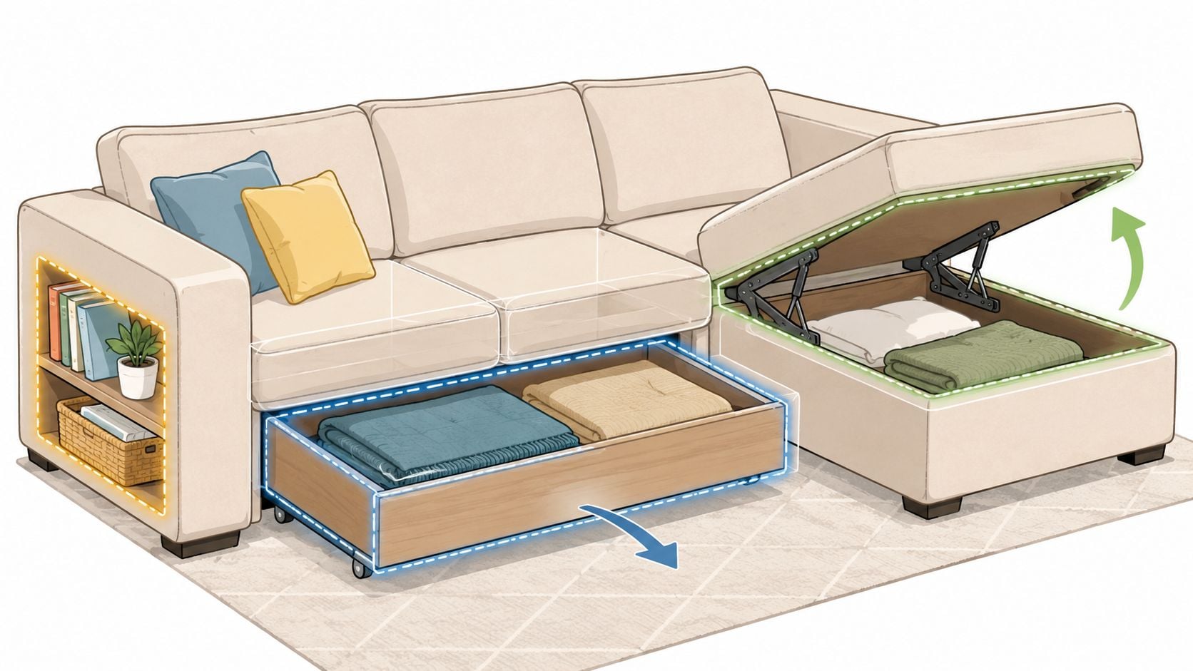A beige sectional sofa featuring hidden under-seat storage drawers and a side bookshelf for organized living spaces.
