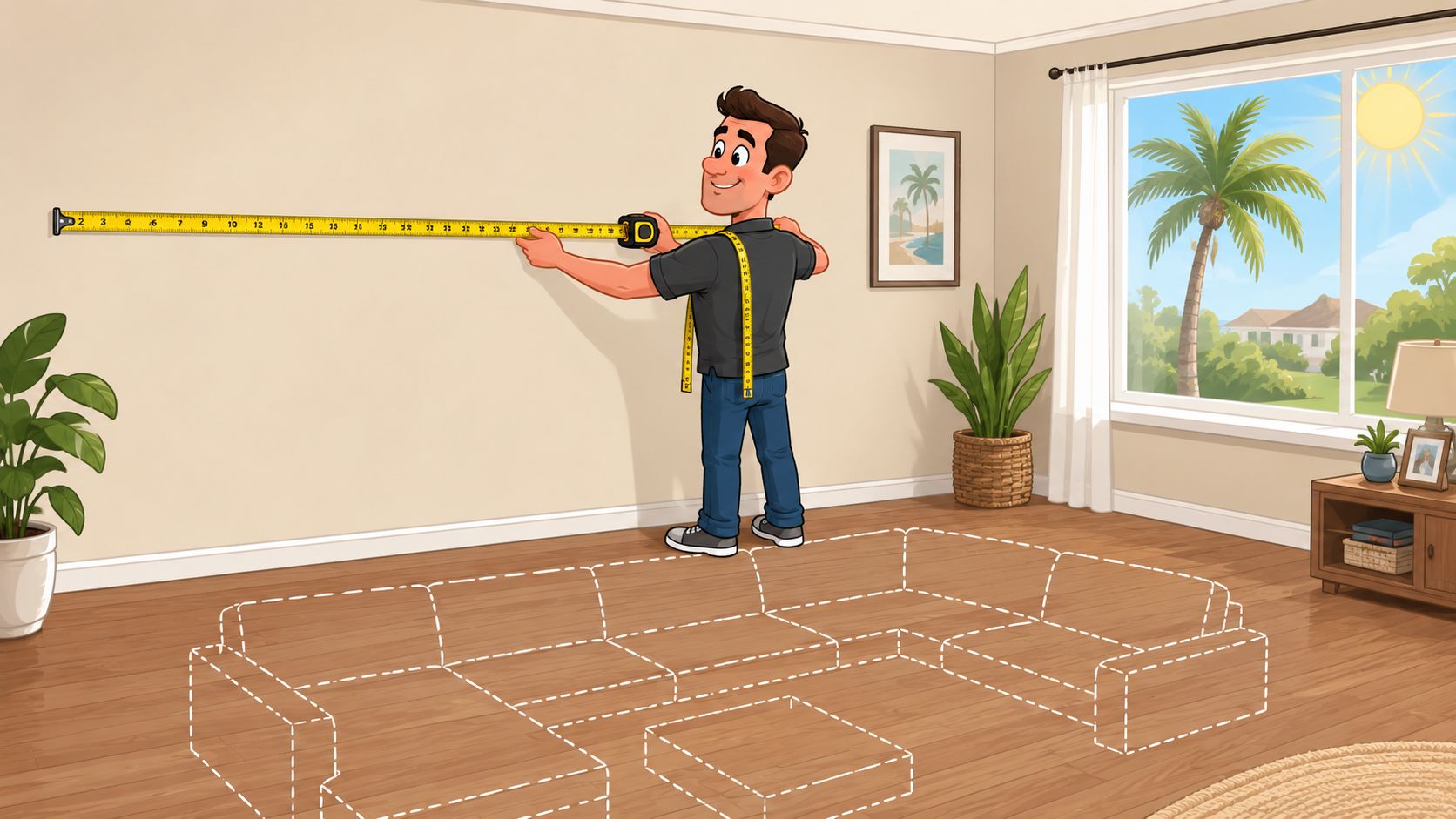 A man using a tape measure to check a wall for a new sectional sofa with storage.