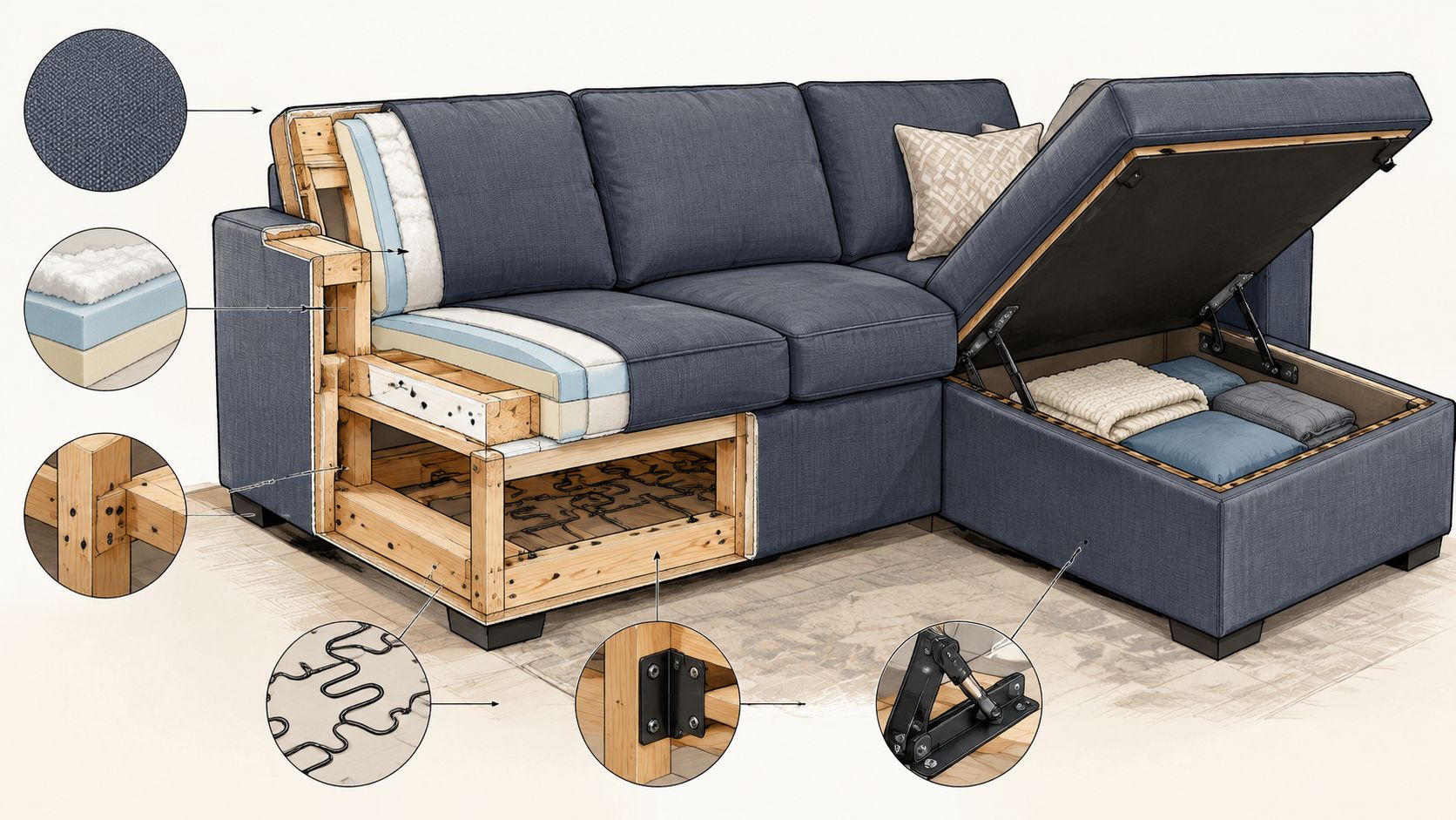 A cutaway view of a blue sectional sofa illustrating its internal wooden frame, cushioning, springs, and hidden storage compartment.