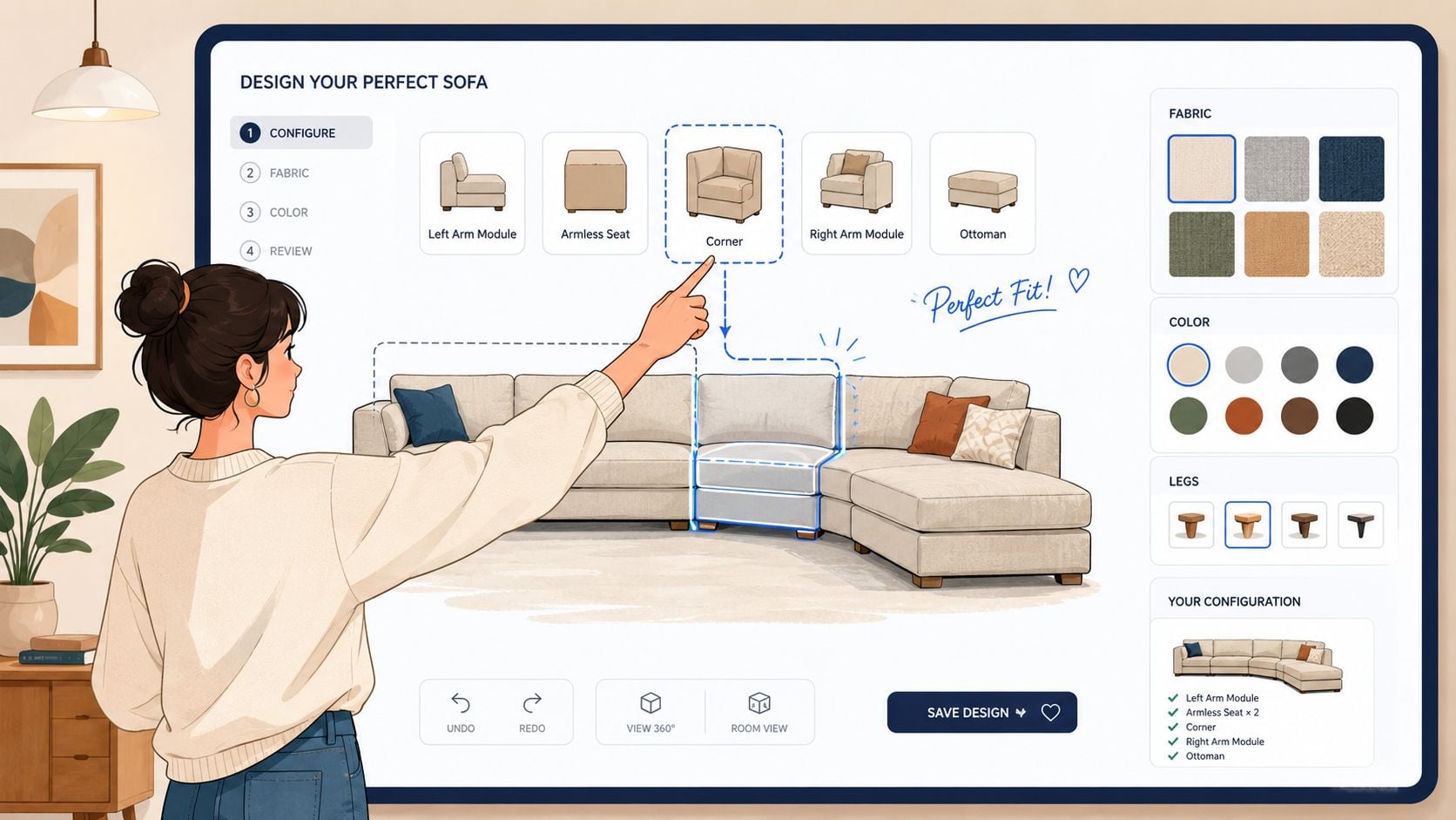 A woman using a digital interface to customize a modular sectional sofa with storage for her home.