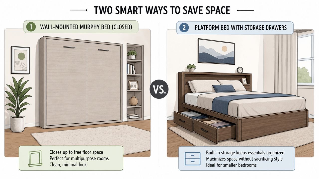 An illustration comparing a wall-mounted Murphy bed to a platform bed with built-in storage drawers.