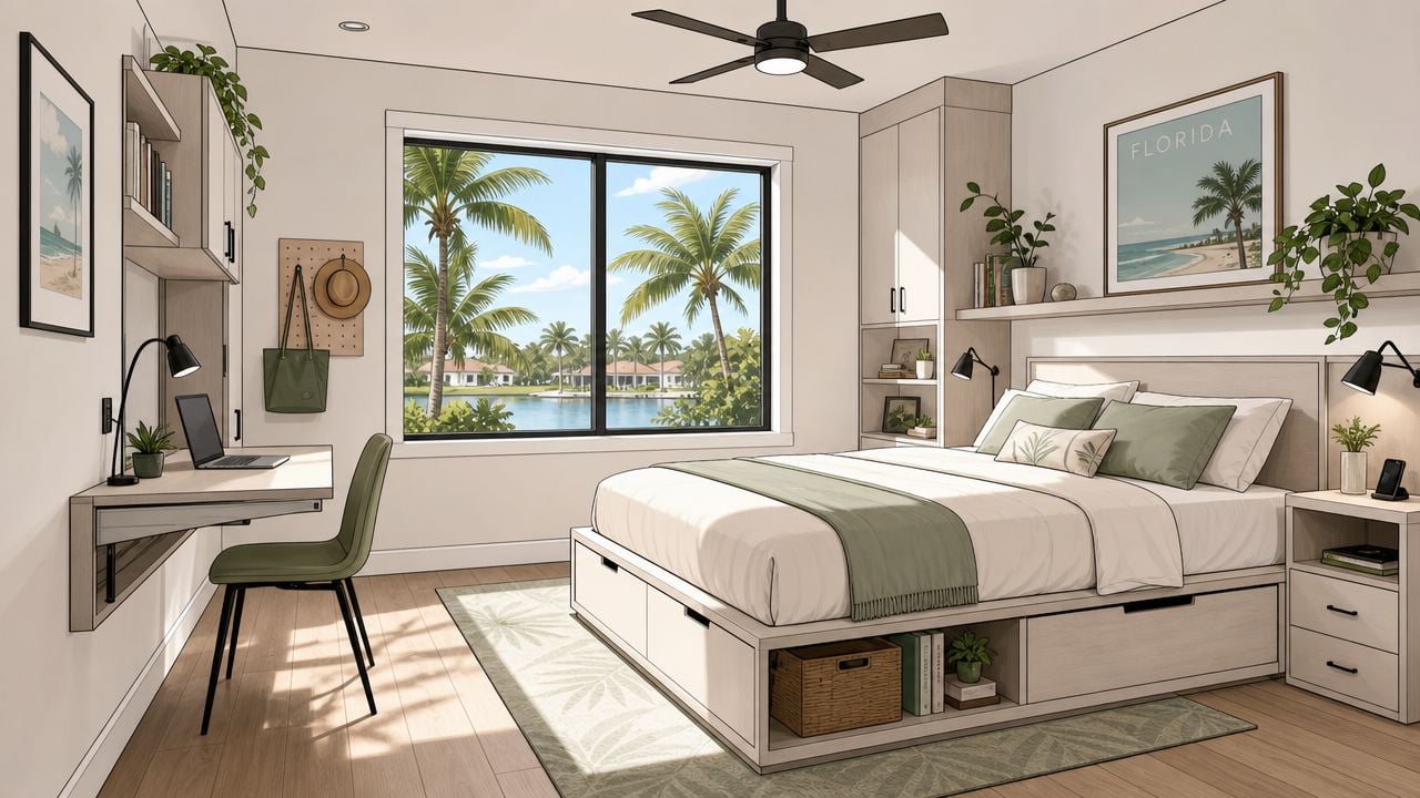 A bright coastal-themed bedroom featuring space-saving furniture, a built-in desk, and a bed with storage underneath.
