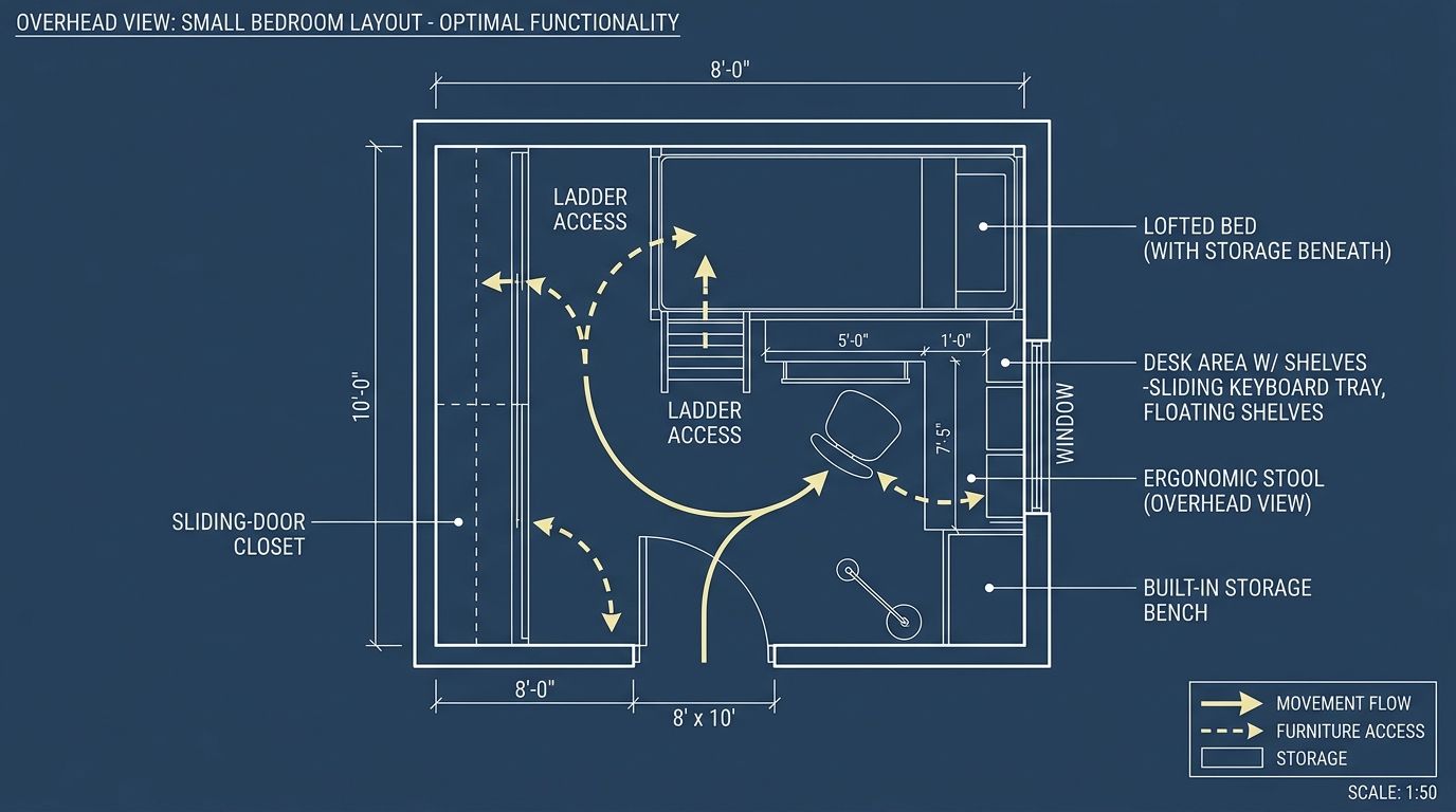 An overhead architectural floor plan showing an efficient, space-saving bedroom layout with a lofted bed and storage.