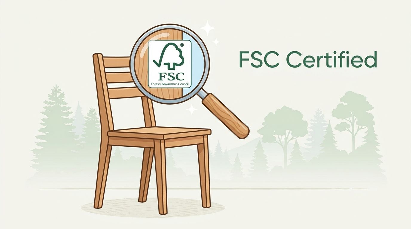 A wooden chair being examined by a magnifying glass displaying the FSC sustainable forestry certification logo.