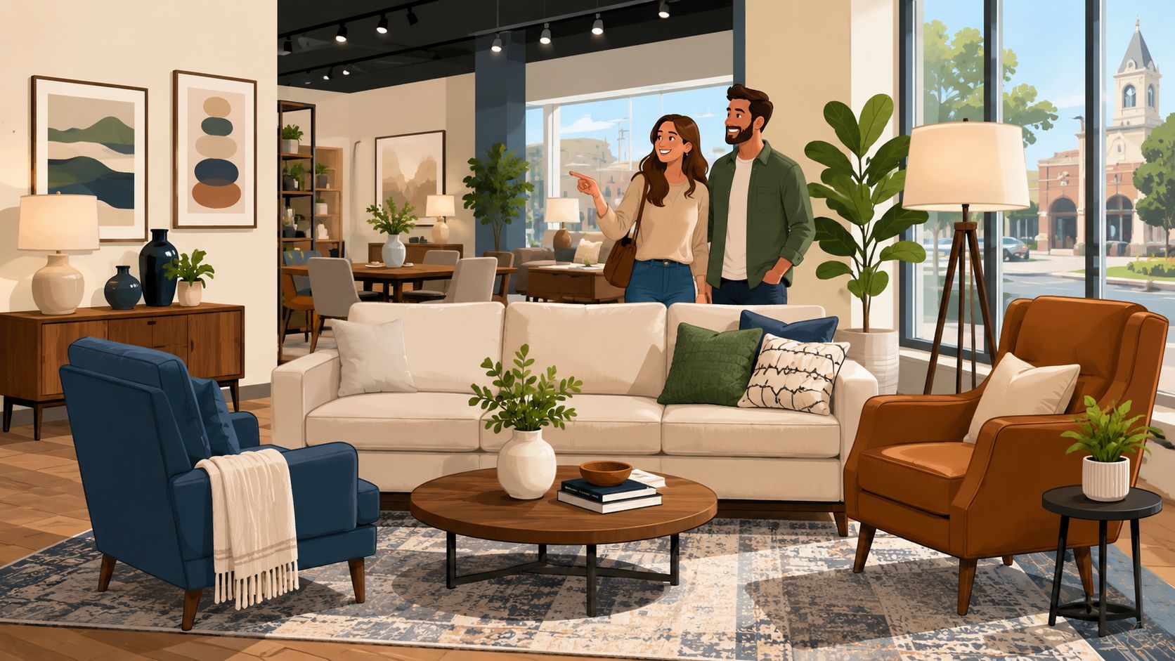 A smiling couple shops for home decor and sustainable wood furniture in a modern showroom setting.