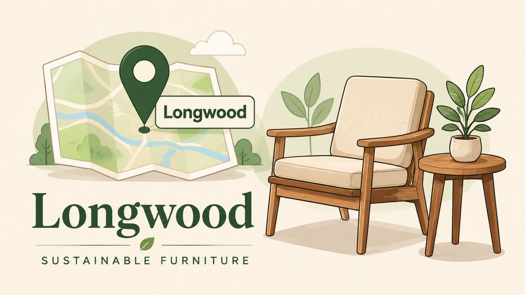 A brand illustration for Longwood Sustainable Furniture featuring a wooden armchair, houseplant, and map location pin.
