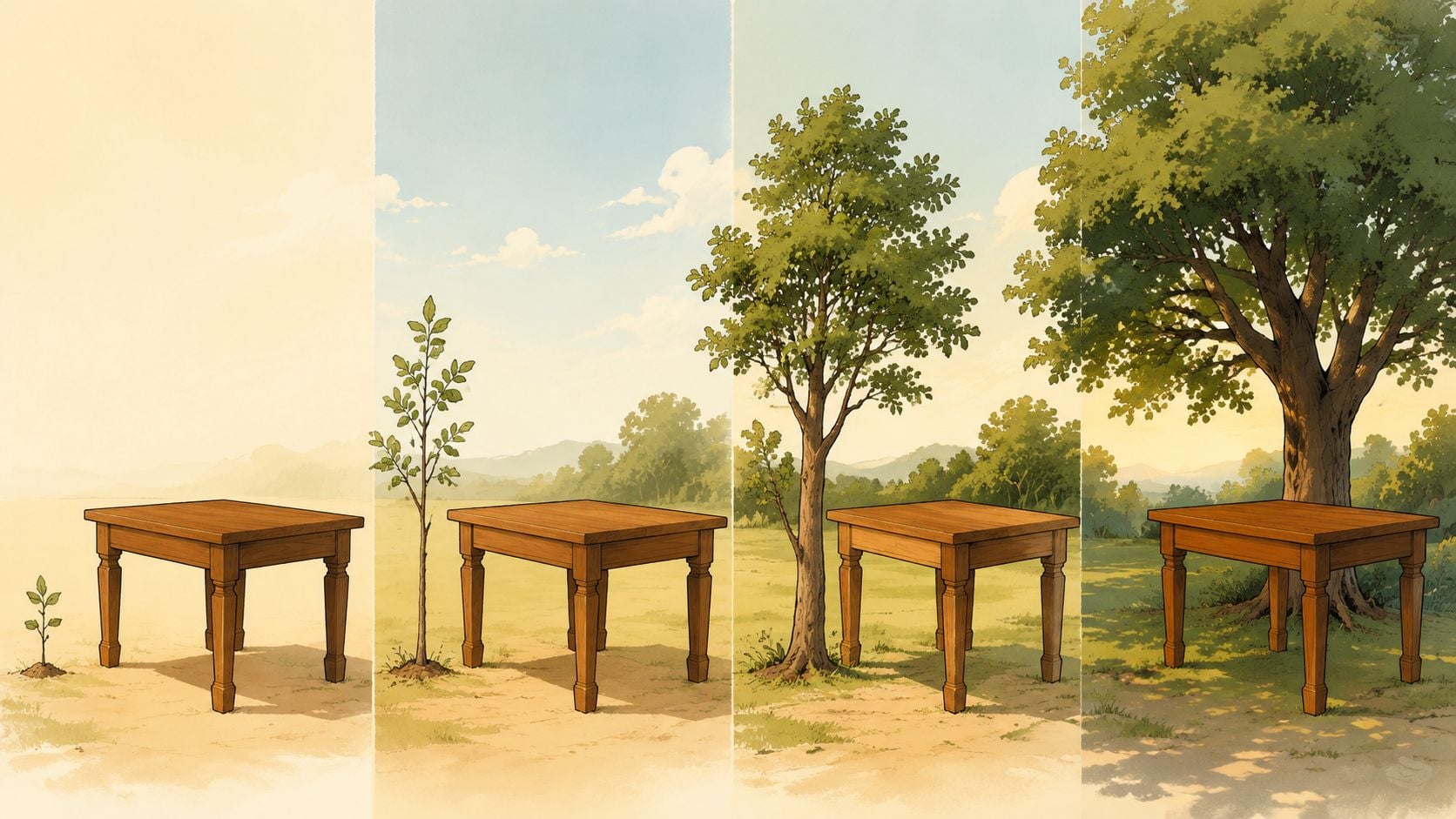 A four-part illustration showing the life cycle of a tree alongside a wooden table over time.