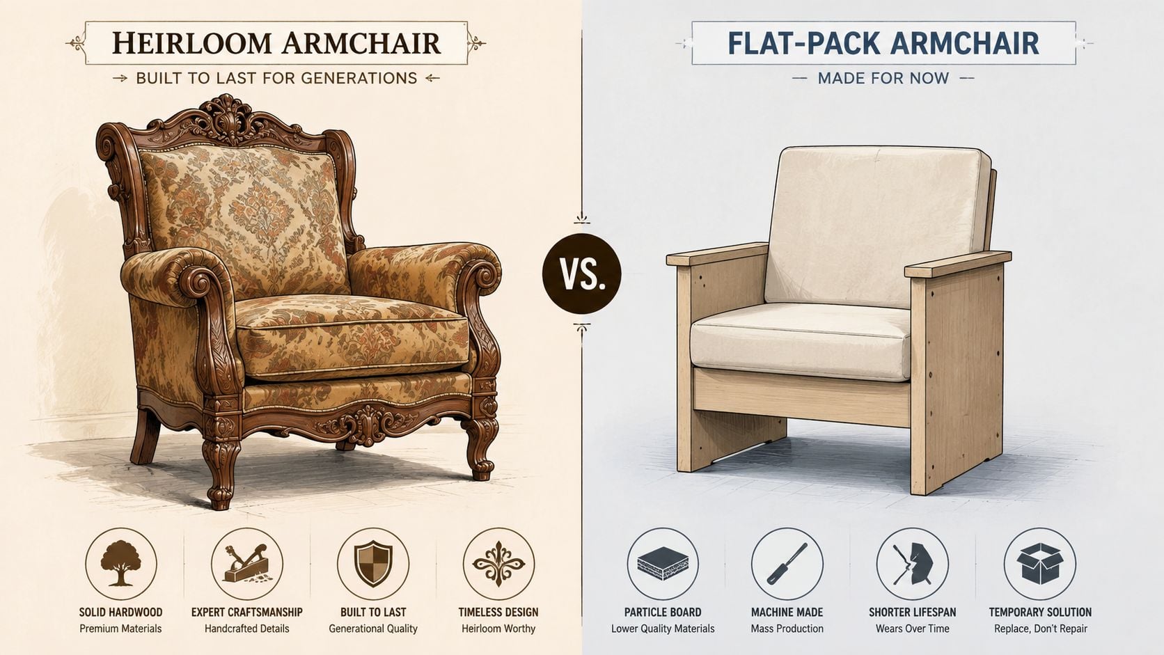 A comparison graphic showing an ornate heirloom wooden armchair versus a basic flat-pack armchair design.