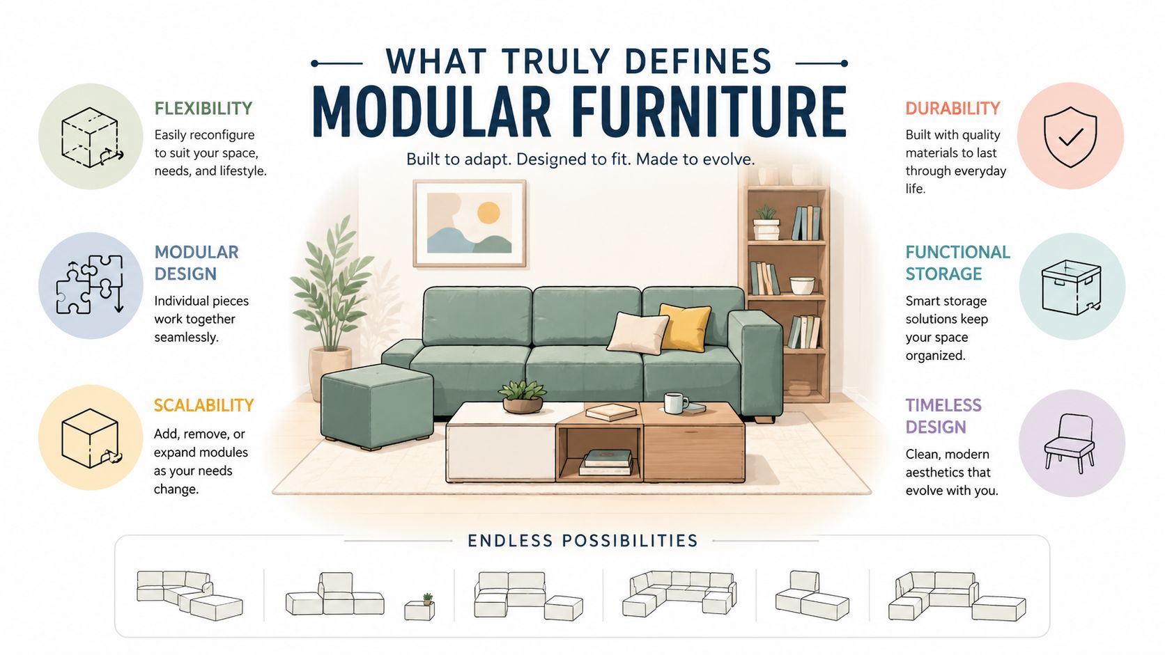 An infographic detailing the benefits of modular furniture, featuring a cozy living room illustration with customization examples.