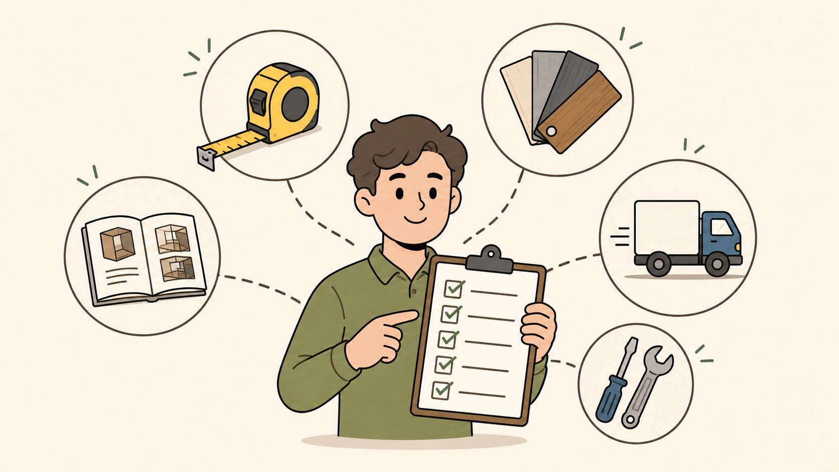 A man holding a clipboard with a checklist, surrounded by icons of home renovation and furniture services.