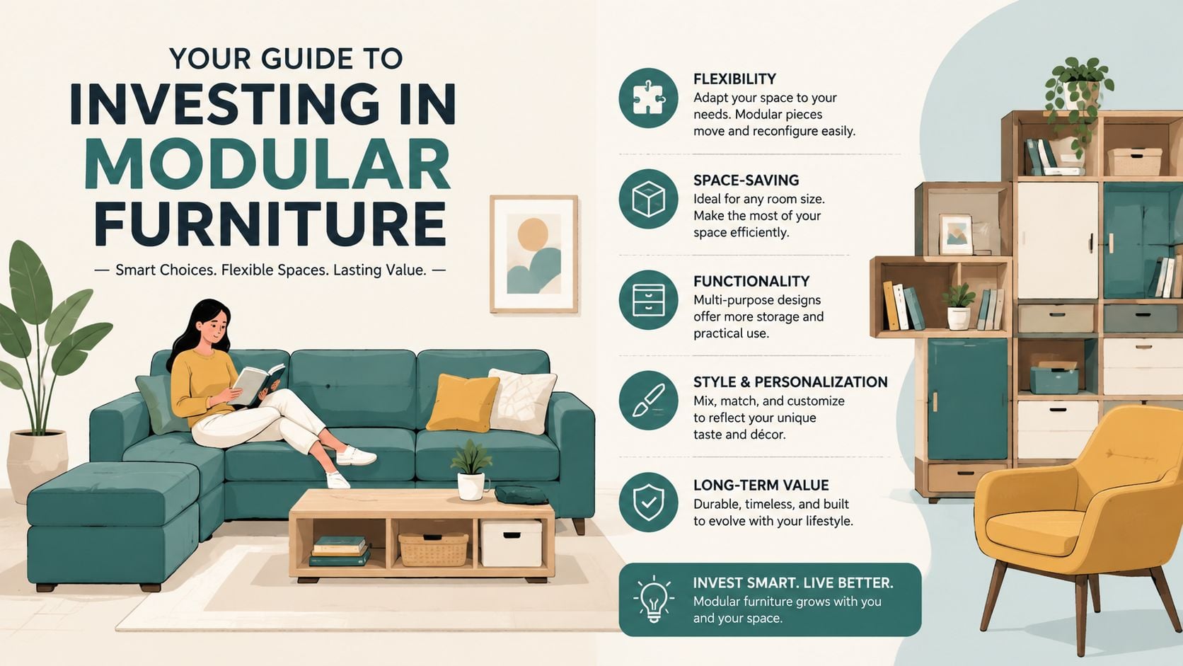 An infographic titled Your Guide to Investing in Modular Furniture featuring a woman on a couch.