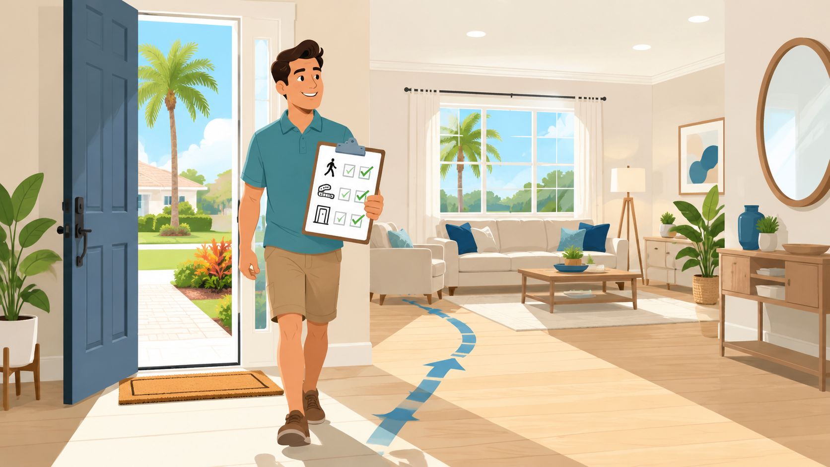 A friendly delivery person holding a checklist walks into a bright, modern, and beautifully decorated living room.
