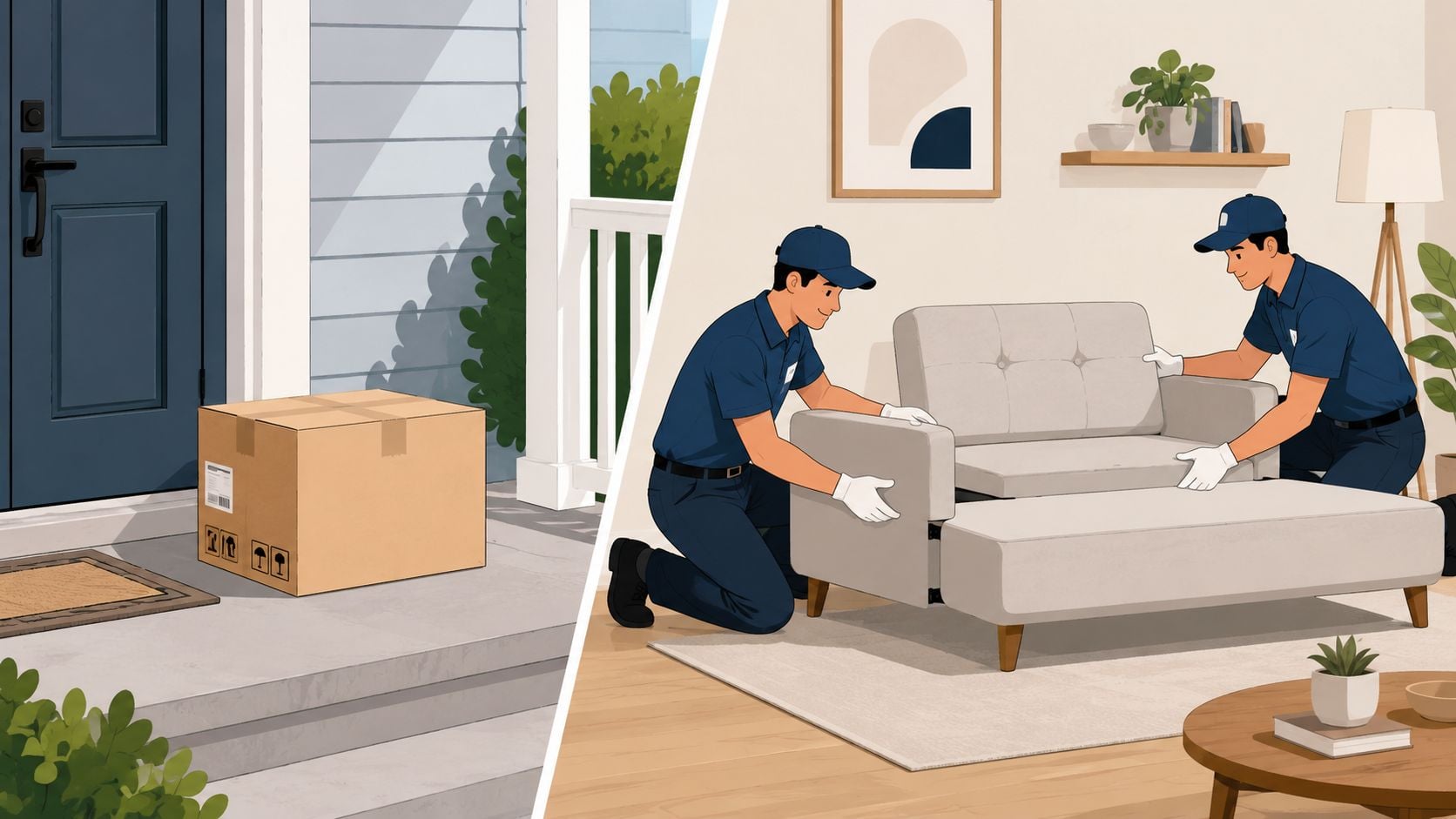Two delivery professionals in uniform assembling a new sofa inside a bright, modern living room home.